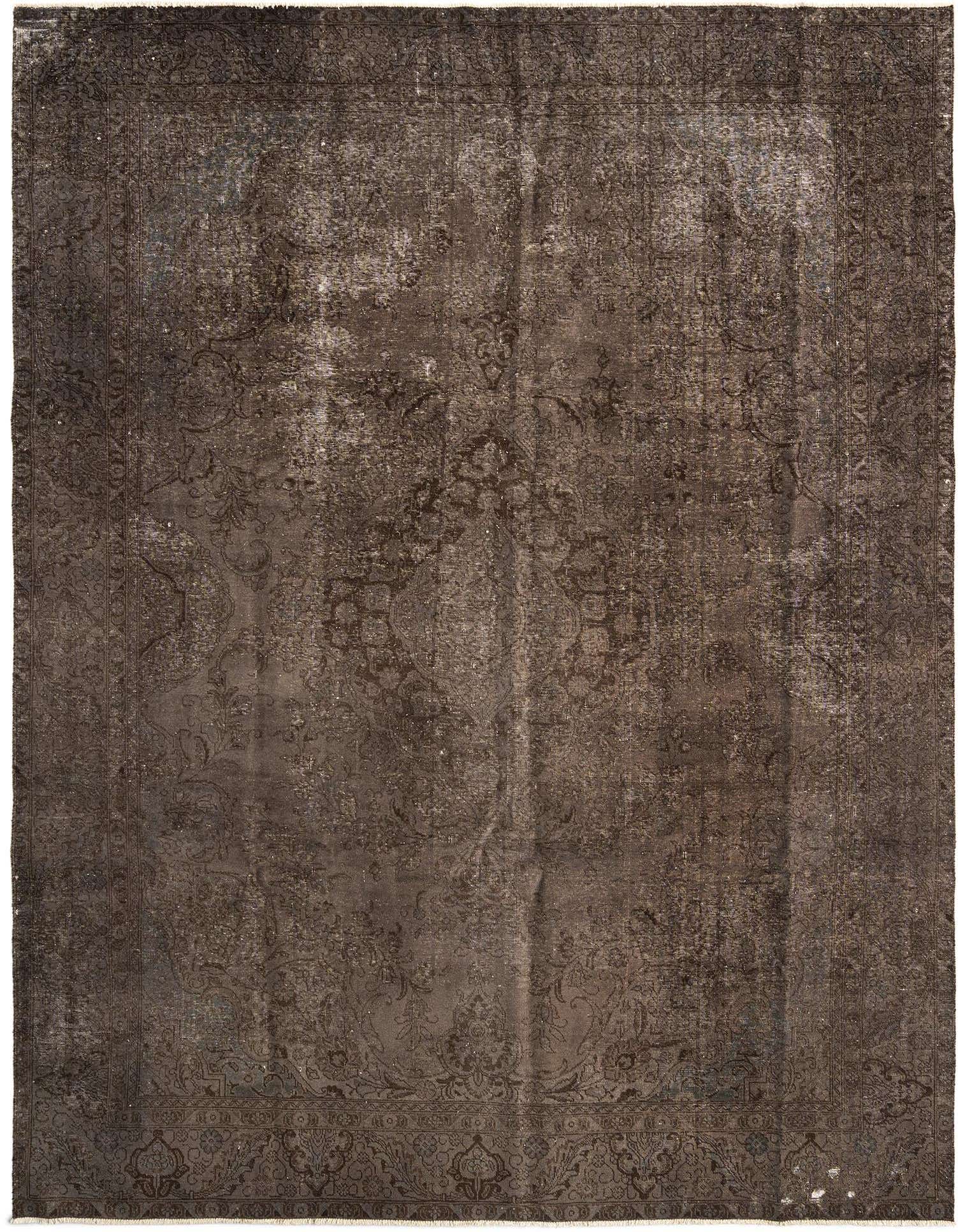 A 10x13 rectangular brown Persian wool rug with a distressed, faded traditional pattern, suitable for a living room.