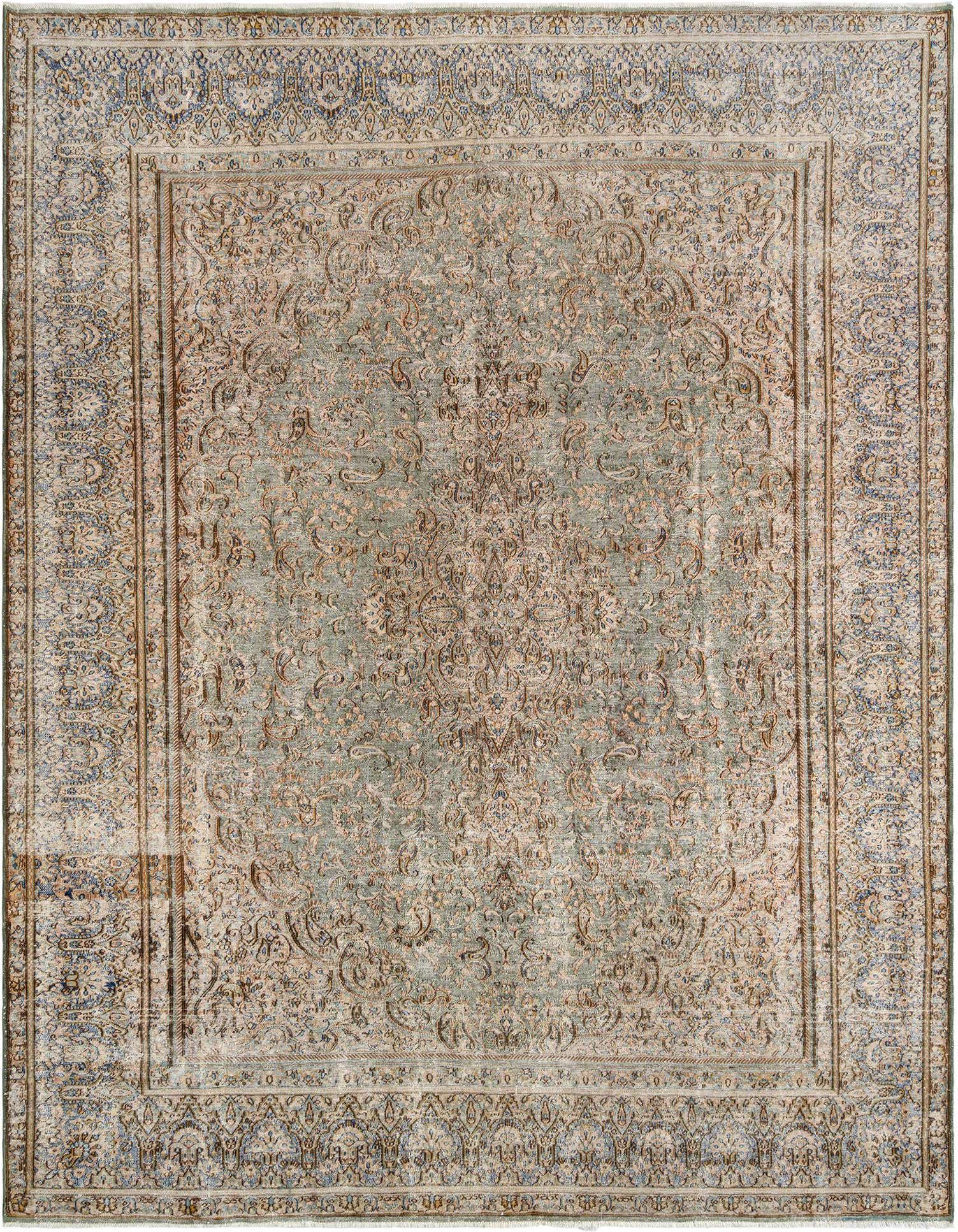 A large 9x12 rectangular Persian rug with a faded brown and tan floral pattern on a light blue-green background.