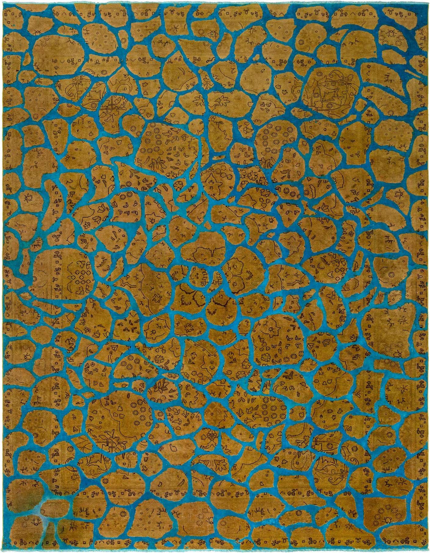 A rectangular 8x11 brown and blue Persian rug featuring an abstract, cracked earth pattern with intricate details.