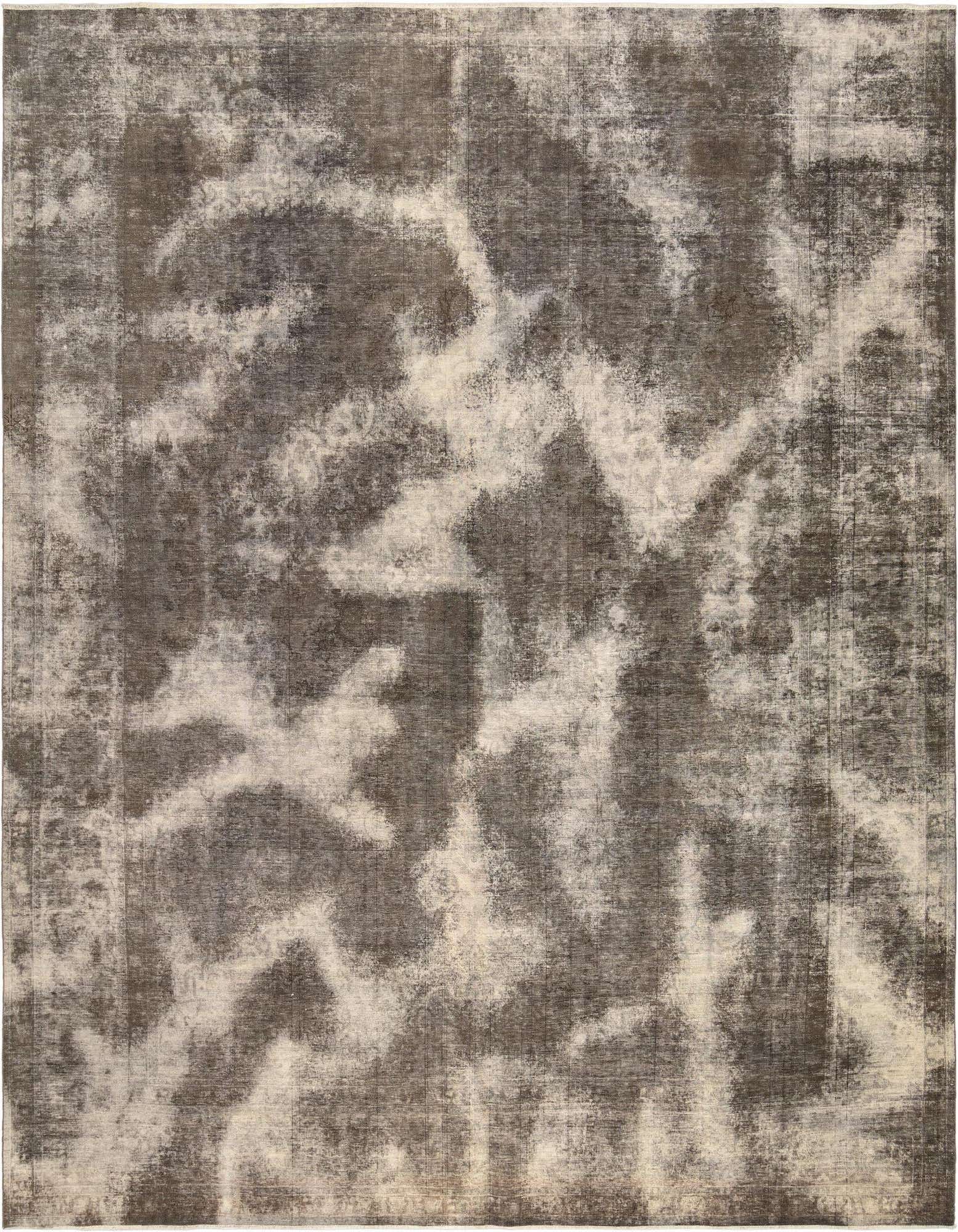 A 10x12 rectangular brown and tan Persian wool rug with a distressed, abstract pattern, suitable for an indoor living space.