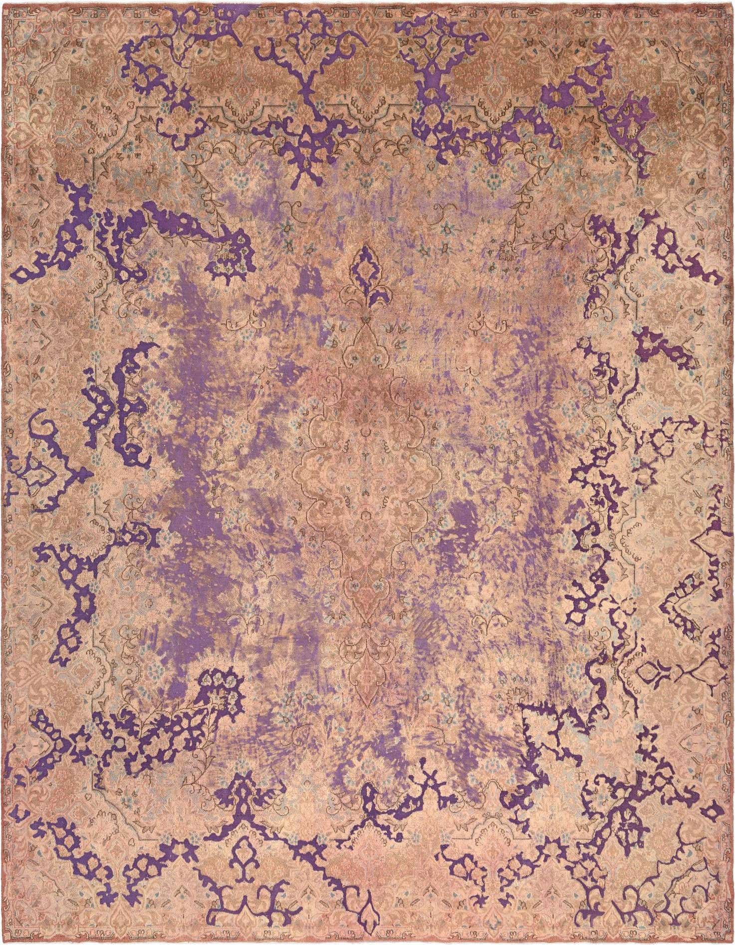 A 9x12 rectangular Persian rug in brown and tan with distressed purple accents, suitable for a living room.