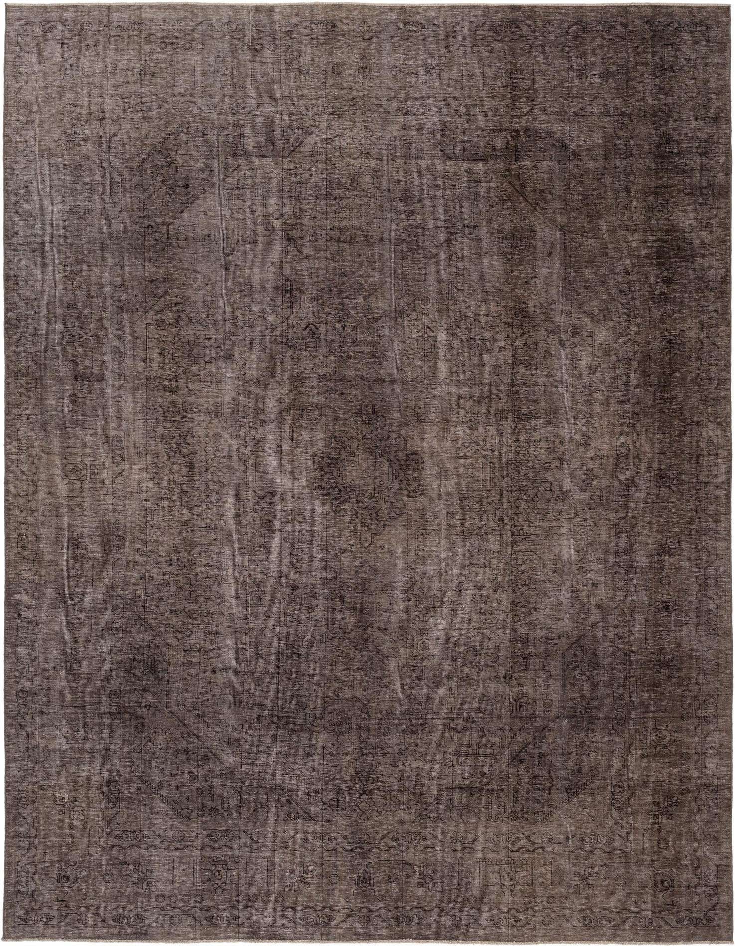 A large 8x11 rectangular brown Persian wool rug with a distressed, intricate traditional pattern, suitable for a living room.