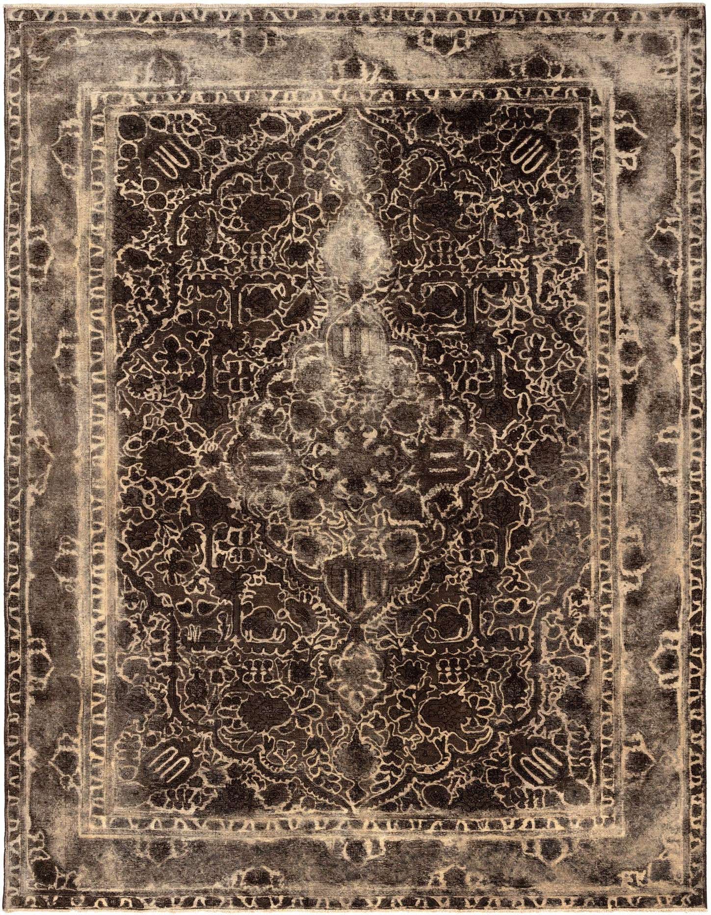An 8x11 rectangular brown and tan Persian wool rug with an intricate, distressed floral medallion pattern.