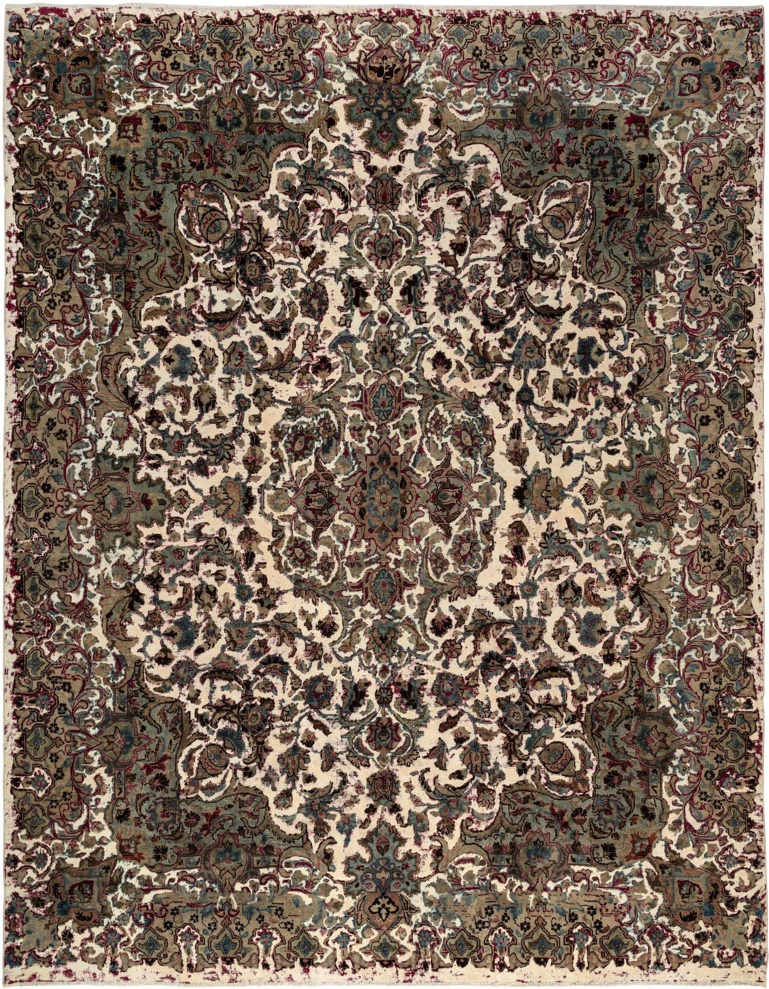 A rectangular 8x10 Rugs.com Vintage Royal Persian rug with a cream background and intricate brown, tan, and muted blue floral patterns.