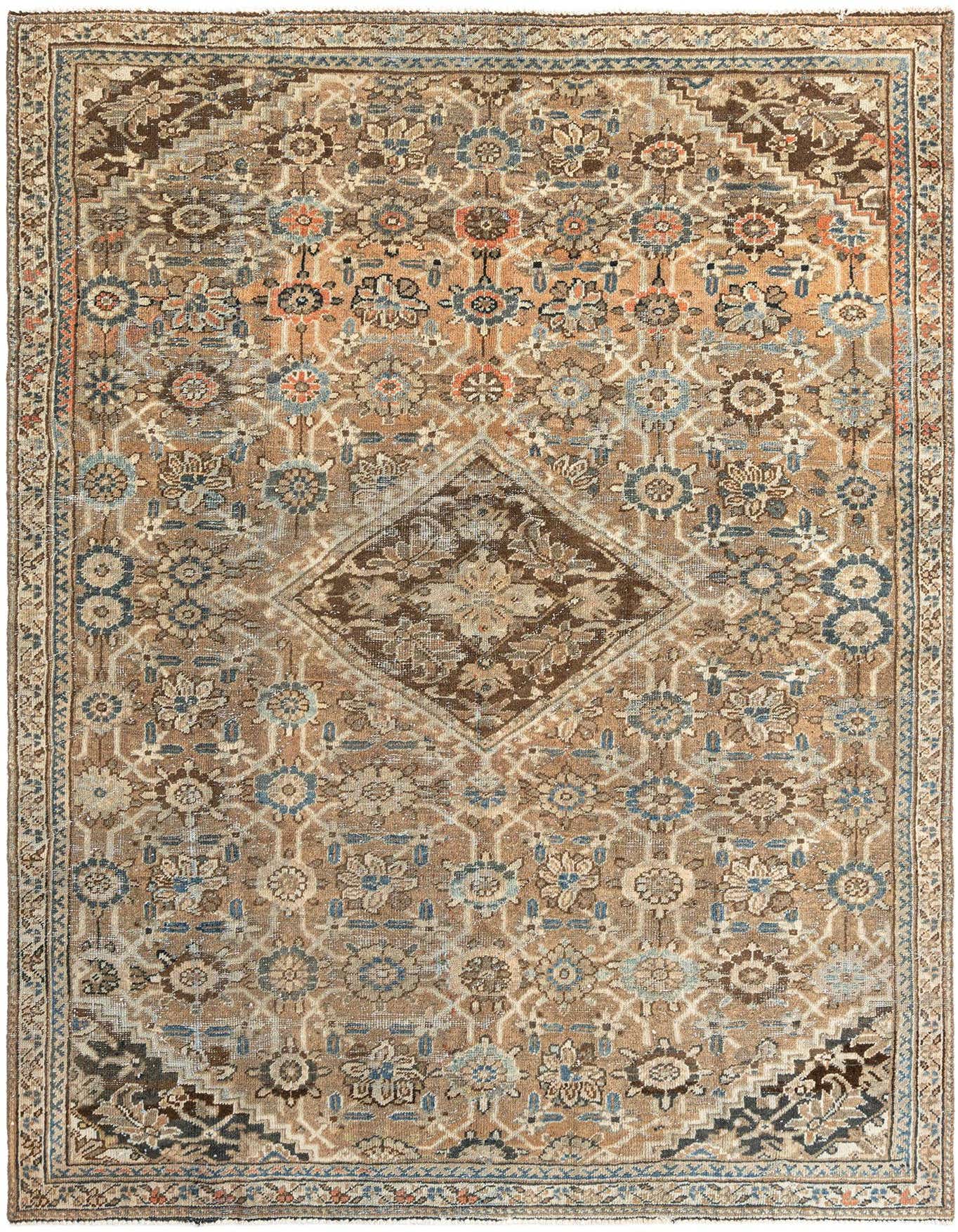 A 7x10 rectangular brown and tan Persian wool rug with a central diamond medallion and intricate floral patterns.