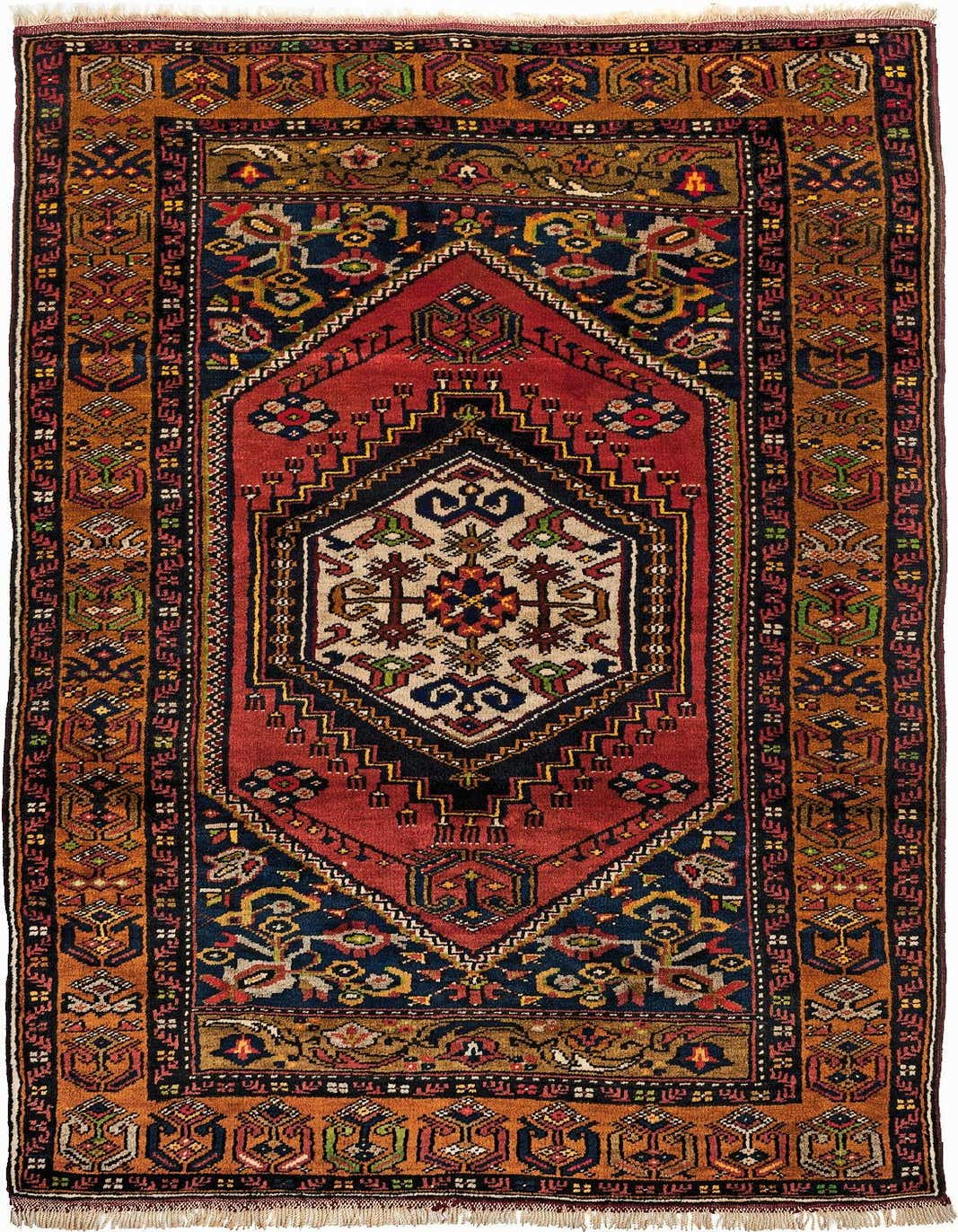 A rectangular 3x5 Yahyali rug featuring a central red medallion with intricate geometric patterns in blue, tan, and brown, surrounded by a multi-bordered design.