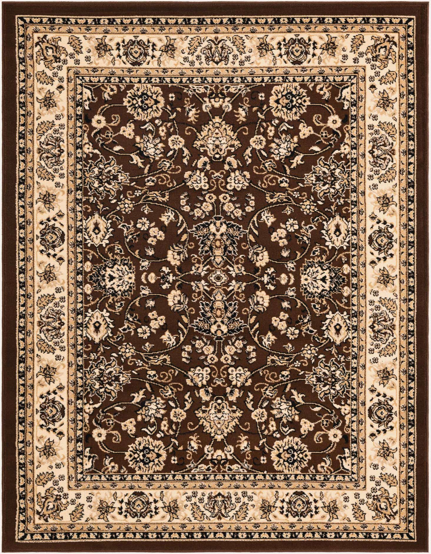 A 5x7 rectangular Yasmin rug featuring a traditional floral pattern in shades of brown and tan.
