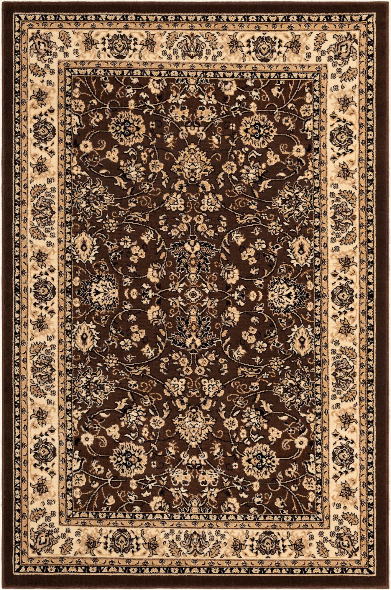 A 5x8 rectangular Yasmin rug featuring a traditional Oriental floral pattern in shades of brown and tan.