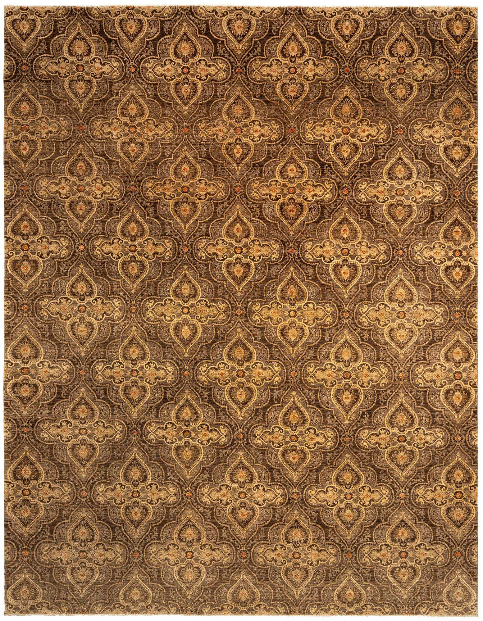 A rectangular 8x11 brown and tan Persian wool rug with an intricate, repeating medallion pattern.