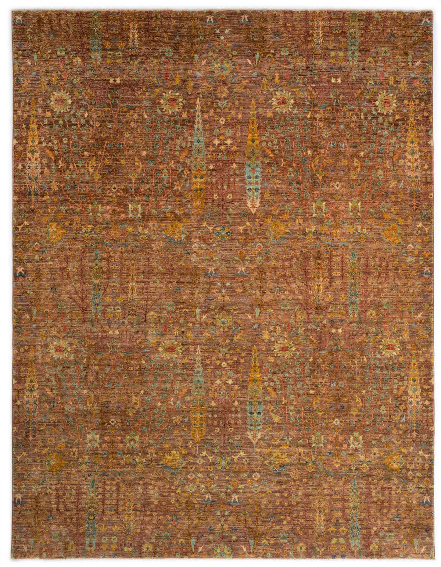 A large 8x11 rectangular Ziegler Persian rug in shades of brown and tan, featuring intricate floral and medallion patterns.