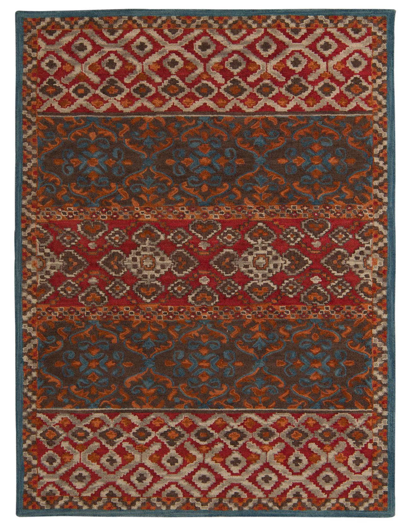 A 5x8 rectangular Luna rug featuring a modern abstract pattern in shades of brown, red, and blue, with a high pile.