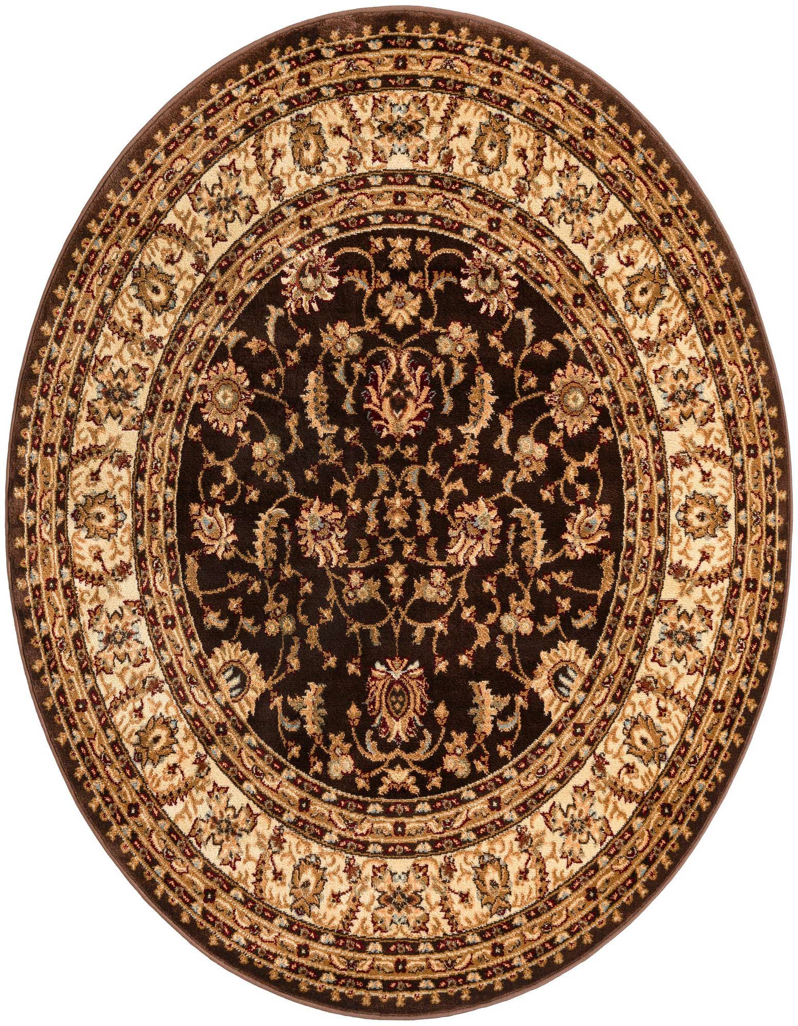 A round 6' 0 x 6' 0 traditional Oriental rug with a dark brown center and intricate floral patterns in tan and gold, bordered by a wide tan band with matching motifs.
