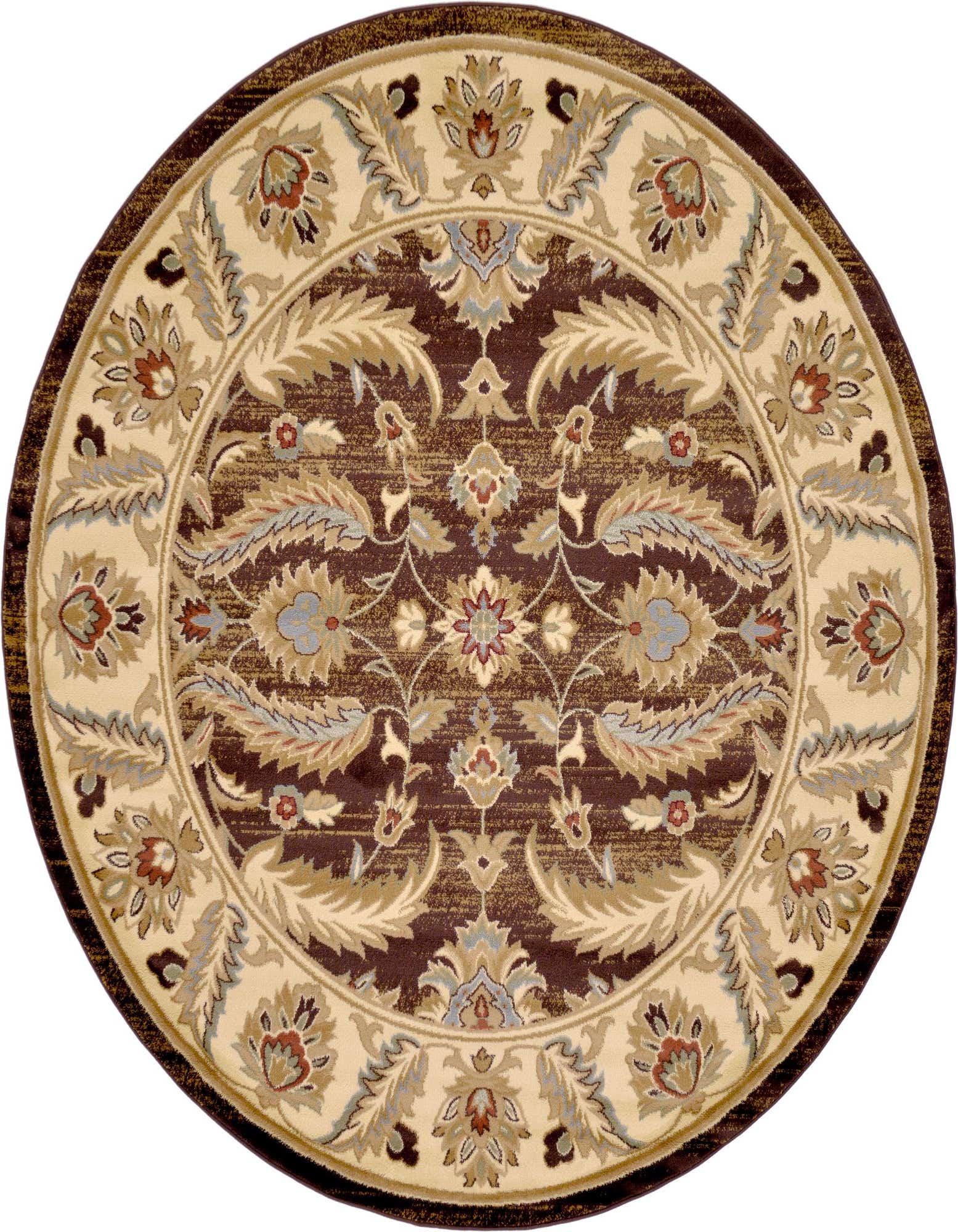 A 7' 10 round traditional rug with a rich brown center and a wide tan border, featuring intricate botanical and floral patterns in muted browns, blues, and reds.