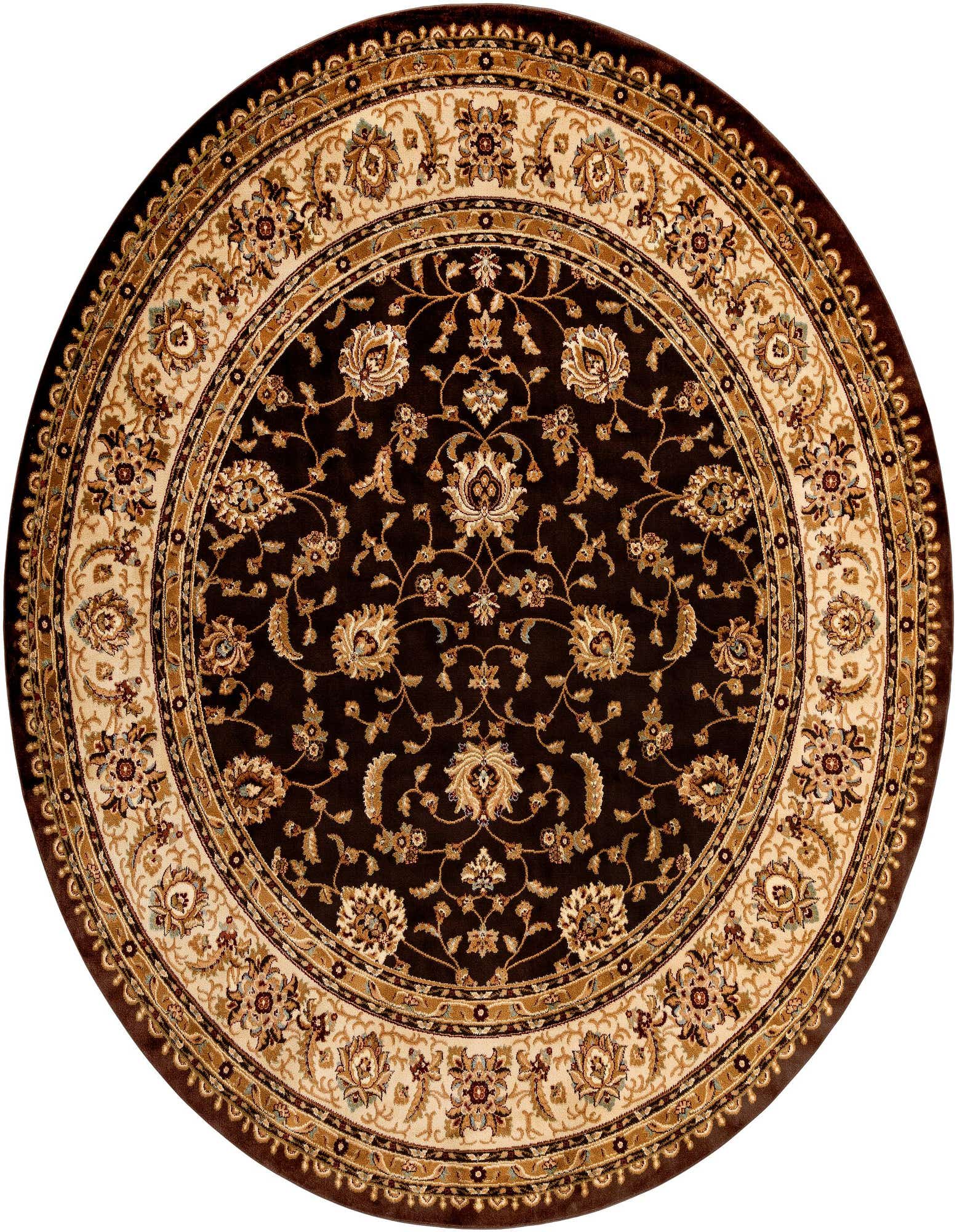 A 10-foot round Aditi rug featuring a traditional Oriental floral pattern in rich browns and tans, suitable for indoor spaces.