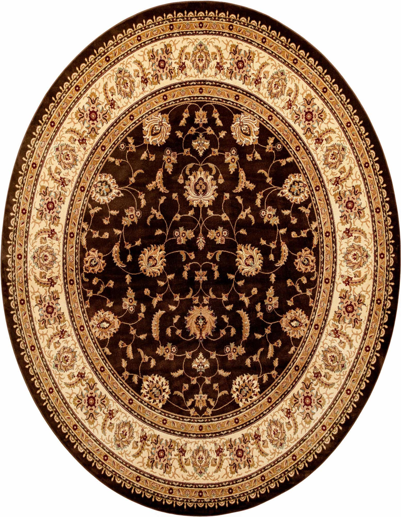 A 13' round Aditi rug in browns and tans, featuring a traditional oriental floral pattern with a dark brown center and a light tan border.