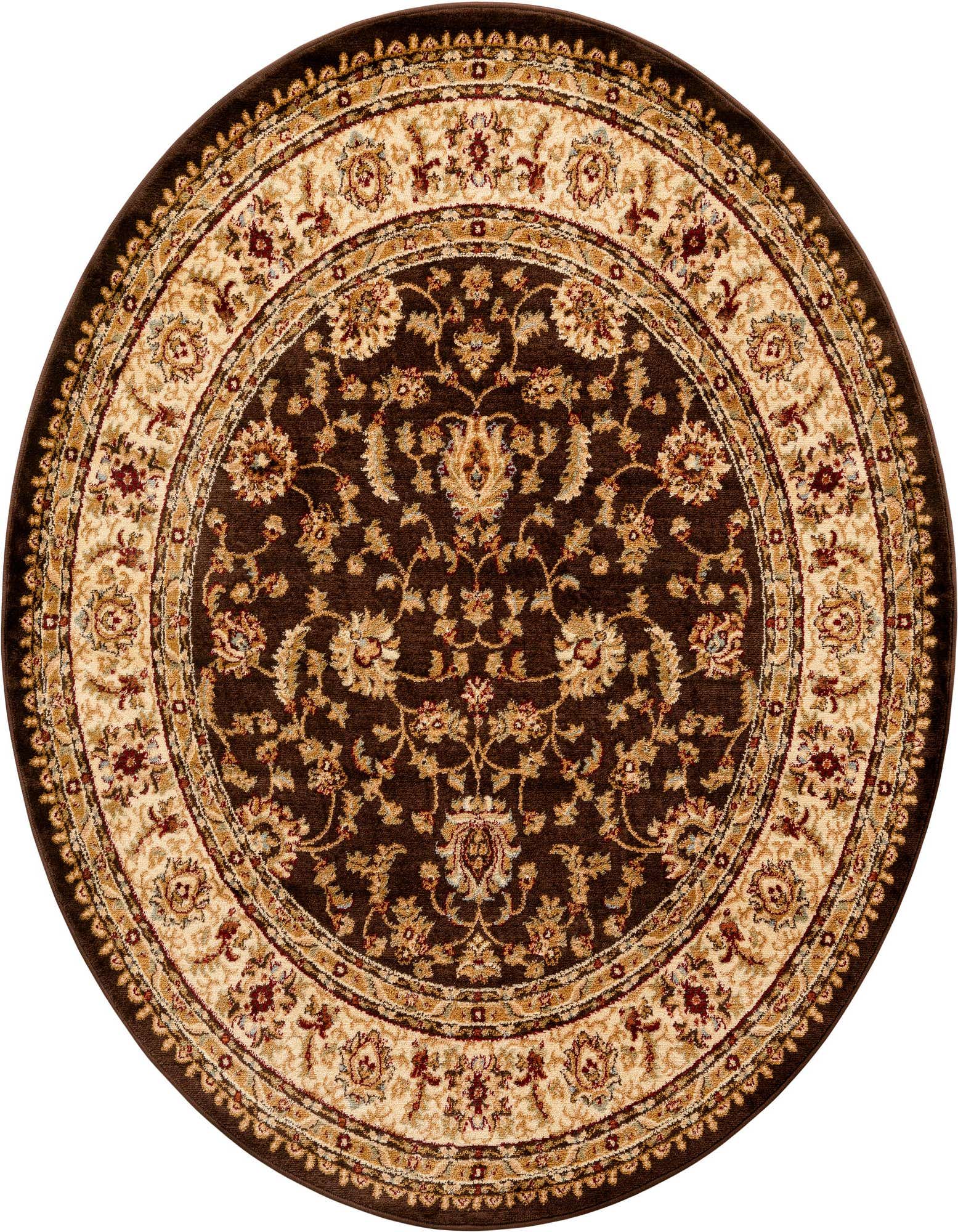 A round 7' 0 x 7' 0 Aditi rug with a traditional floral pattern in shades of brown, tan, and cream.