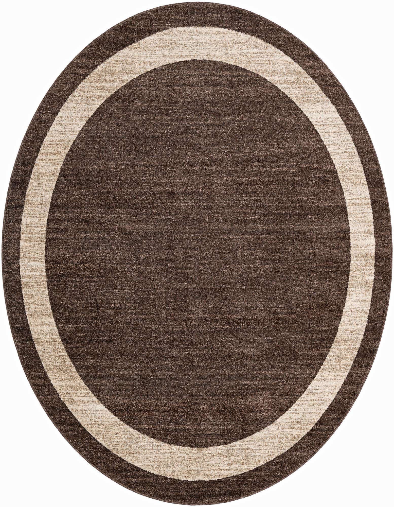 A 7' 10 x 7' 10 round brown rug with a tan border, made from polypropylene, suitable for indoor use.