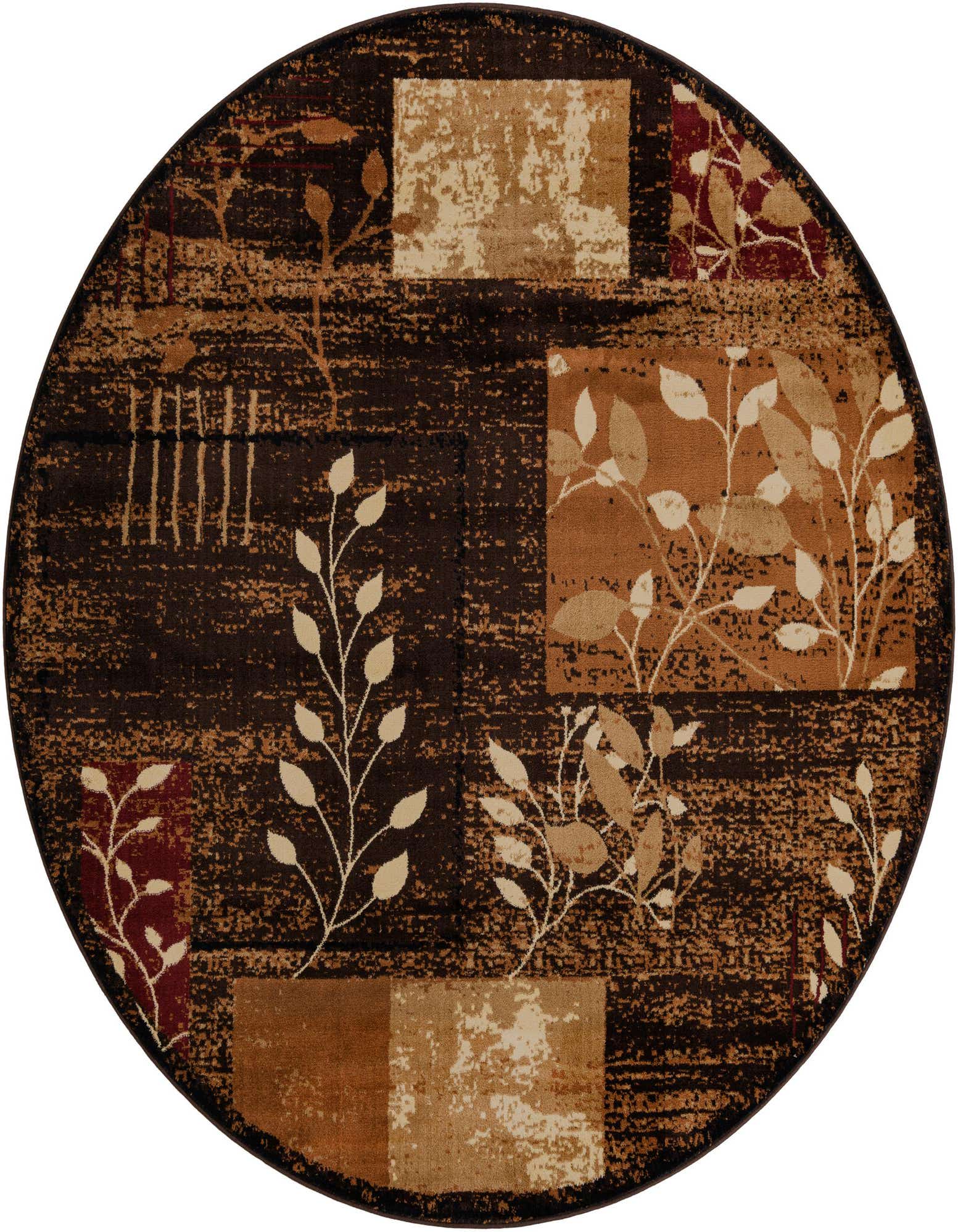 A round brown and tan rug with a modern botanical pattern featuring abstract leaves and squares, suitable for a patio.