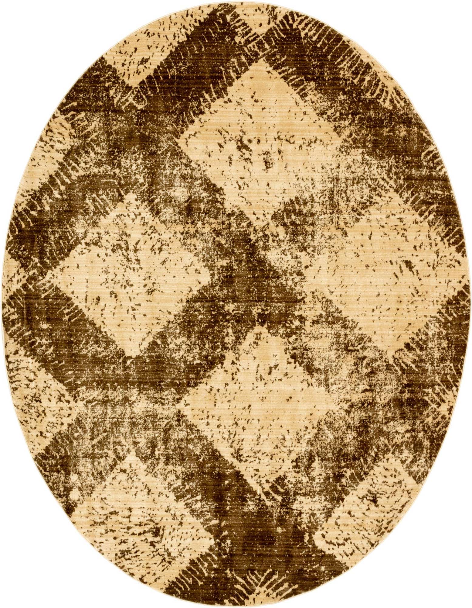 Round 8' brown and tan transitional rug with a distressed trellis pattern, suitable for a living room or bedroom.