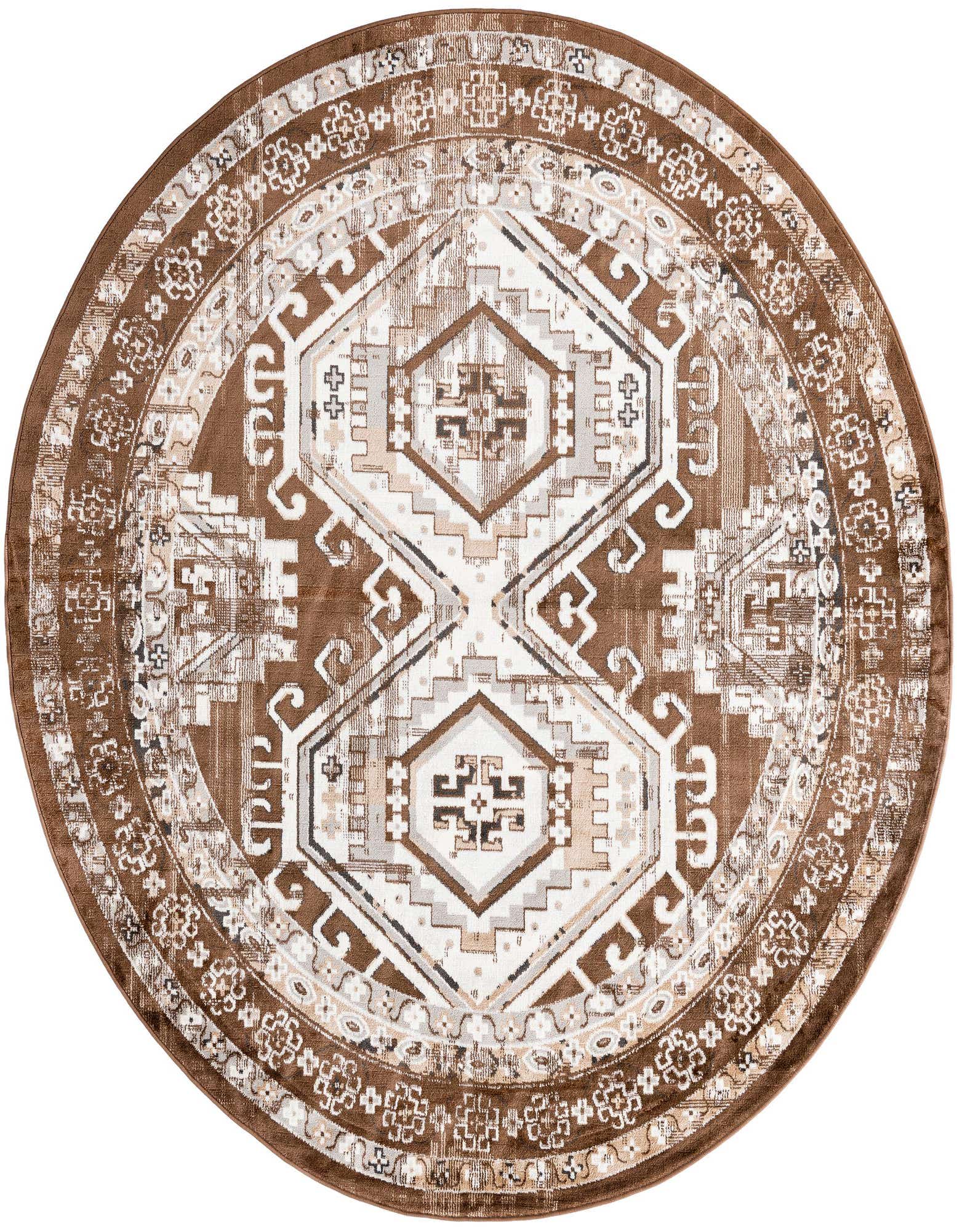 A 7' 10 round Charlotte rug featuring a traditional tribal pattern in various shades of brown and tan.
