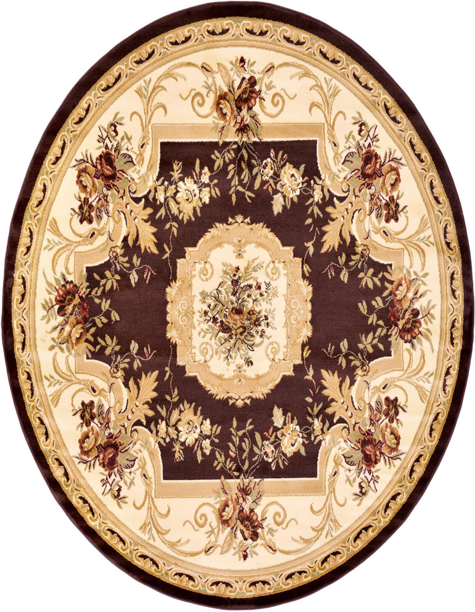 A 7' 10" round Chateau rug featuring a traditional French medallion pattern in shades of brown and tan, with intricate floral and scroll details.
