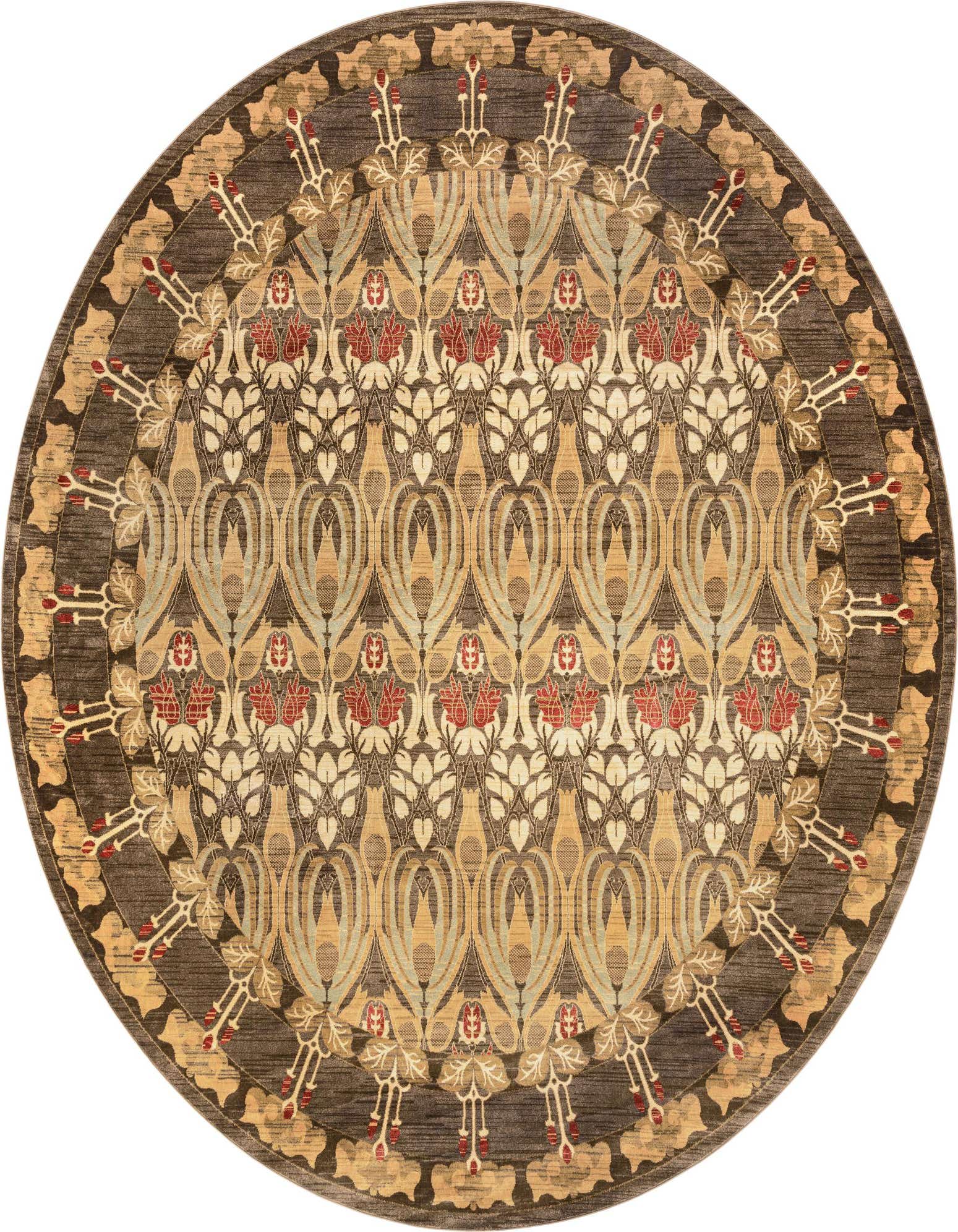 A 13' round brown and tan modern floral rug with red accents, featuring an intricate botanical pattern.