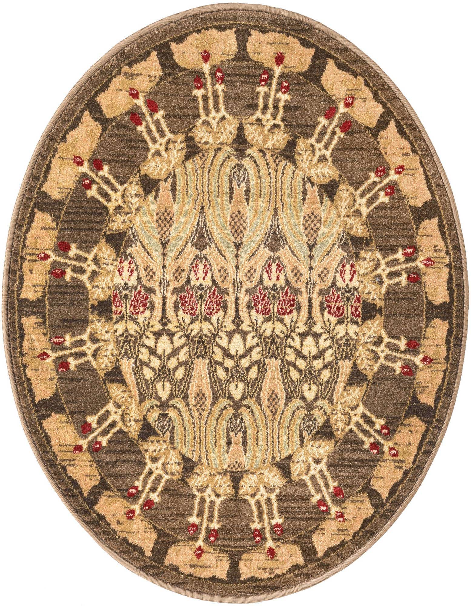 A 3' round brown and tan rug with a modern abstract pattern featuring floral-like motifs and hints of red.