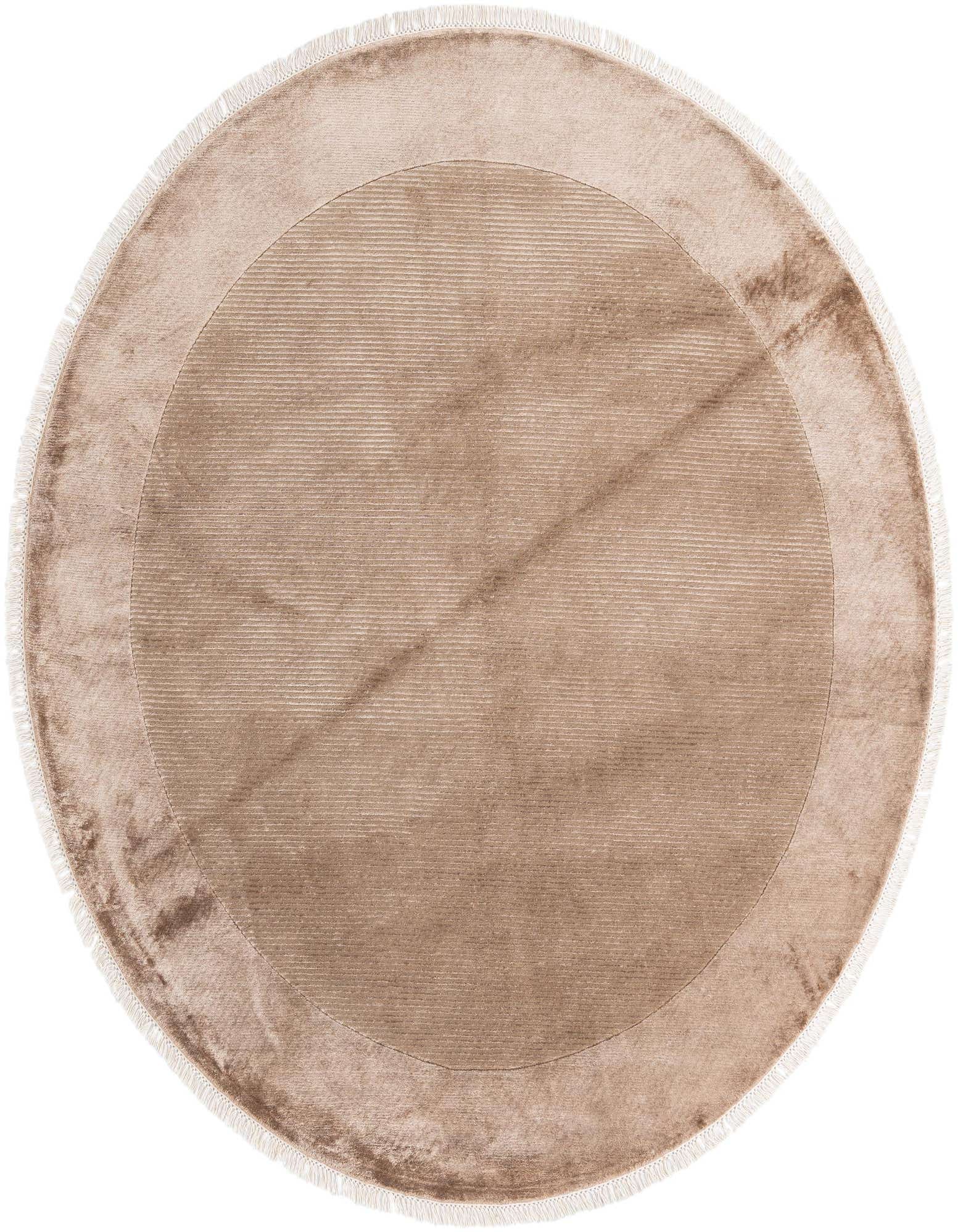 A 6' 6 x 6' 6 round brown wool rug with a subtle striped modern oriental pattern and white fringe.