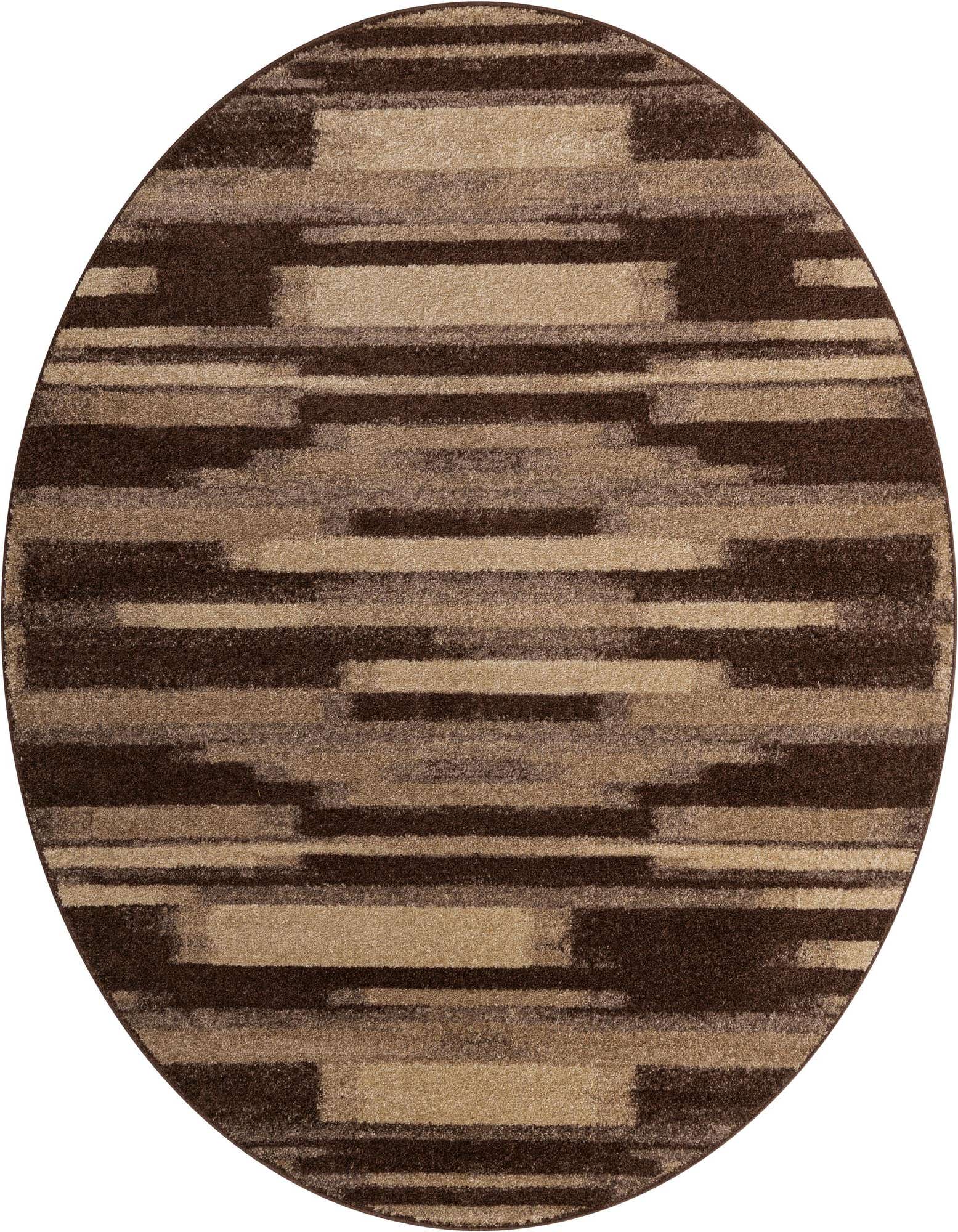 Round brown and tan rug with a modern eclectic stripe pattern, suitable for various indoor rooms.