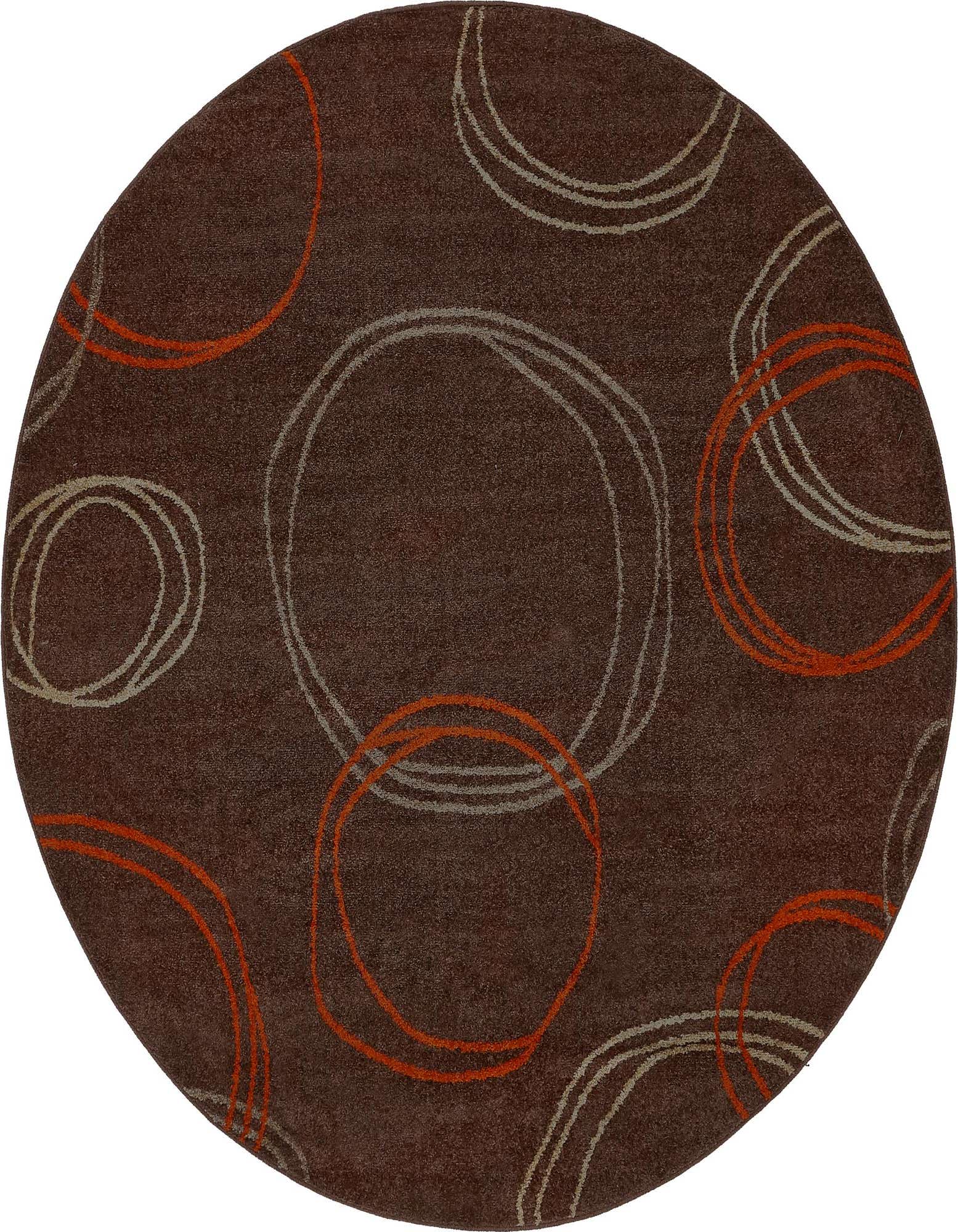A round brown area rug with a modern abstract pattern of overlapping orange and tan circles, suitable for indoor use.