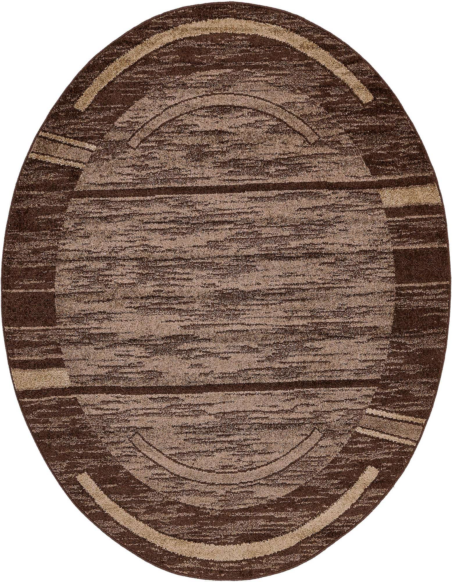 A round brown and tan modern area rug with a striped pattern and concentric circular design.
