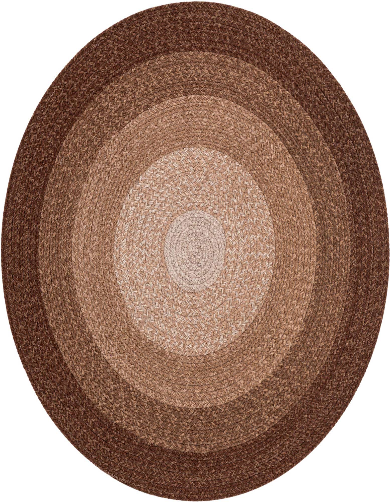 A round, hand-braided wool rug featuring concentric circles in varying shades of brown and tan, showcasing a modern style.