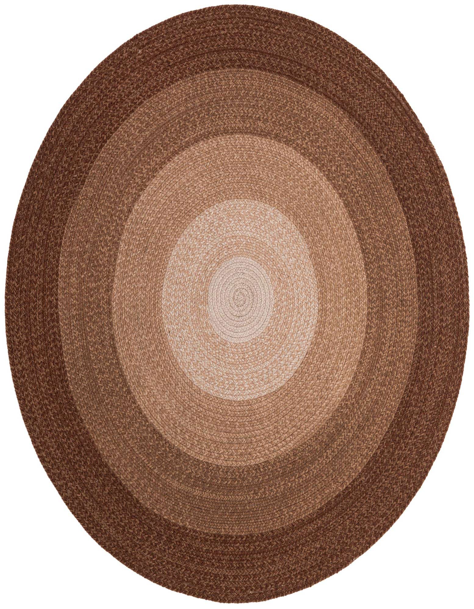 A round, hand-braided wool rug featuring concentric circles in varying shades of brown and tan, from dark to light.