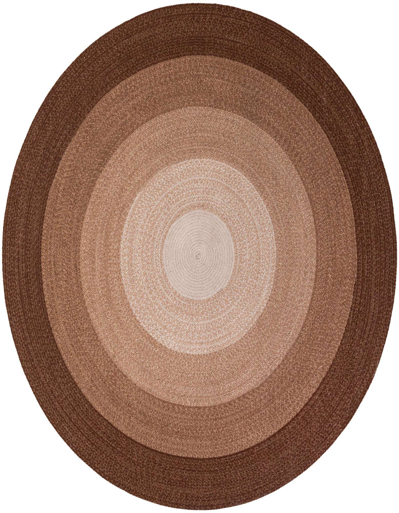 A 7' 10 round wool rug featuring concentric circles in varying shades of brown and tan, showcasing a modern braided texture.