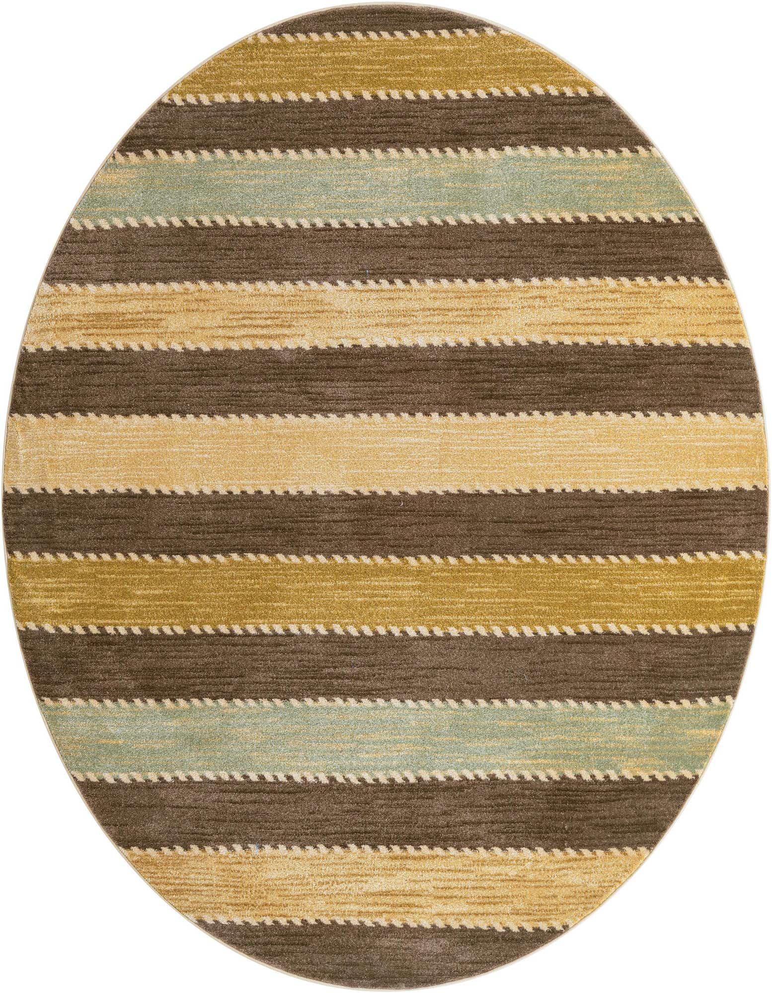 A round Kashkuli Gabbeh rug featuring horizontal stripes in varying shades of brown, tan, and light blue-green.