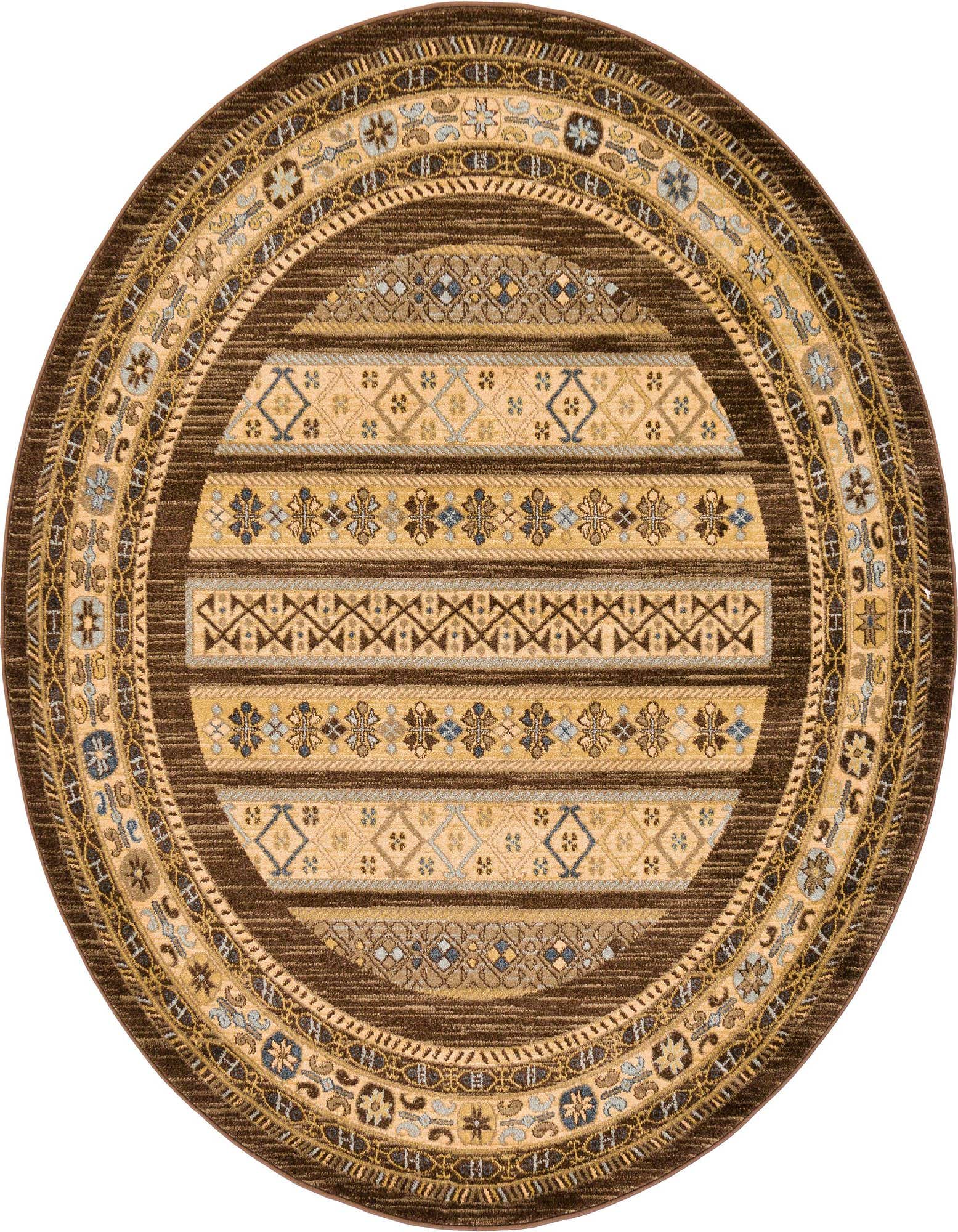 A 6' round brown and tan tribal rug with a striped pattern and intricate borders, perfect for an indoor living space.
