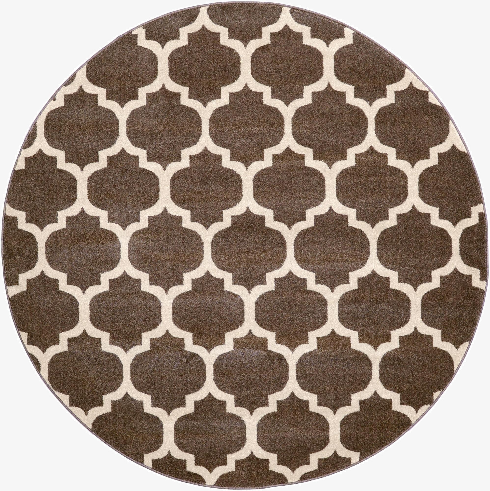 A 6' round brown and tan modern trellis rug made of polypropylene, perfect for indoor spaces.