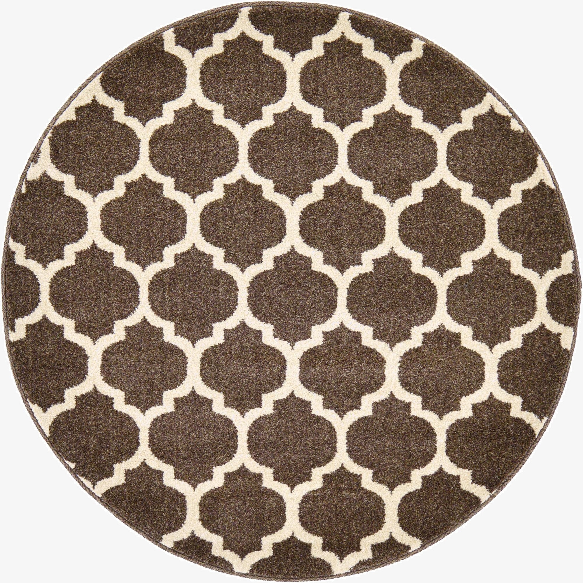 A 3' round brown rug with a repeating tan modern trellis pattern, suitable for various indoor spaces.