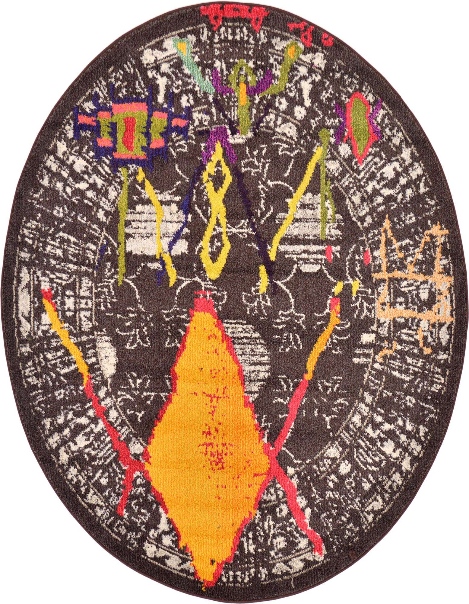 A 6' round brown rug with a vibrant, eclectic tribal pattern featuring a large orange diamond, colorful abstract shapes, and white botanical motifs.