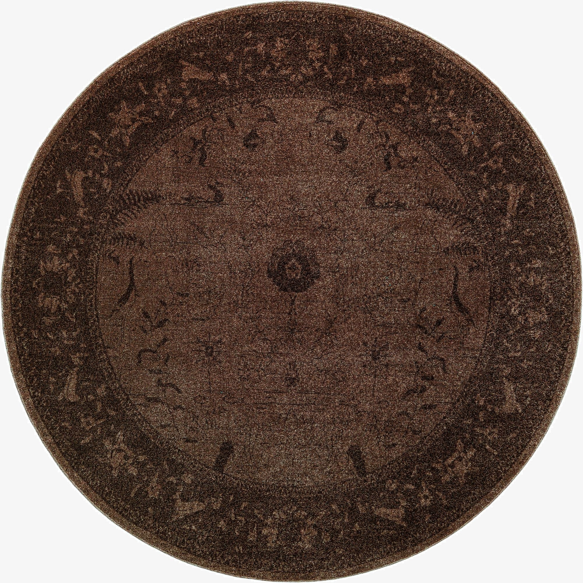 A 7' 10 x 7' 10 round brown area rug with a subtle traditional floral and botanical pattern.