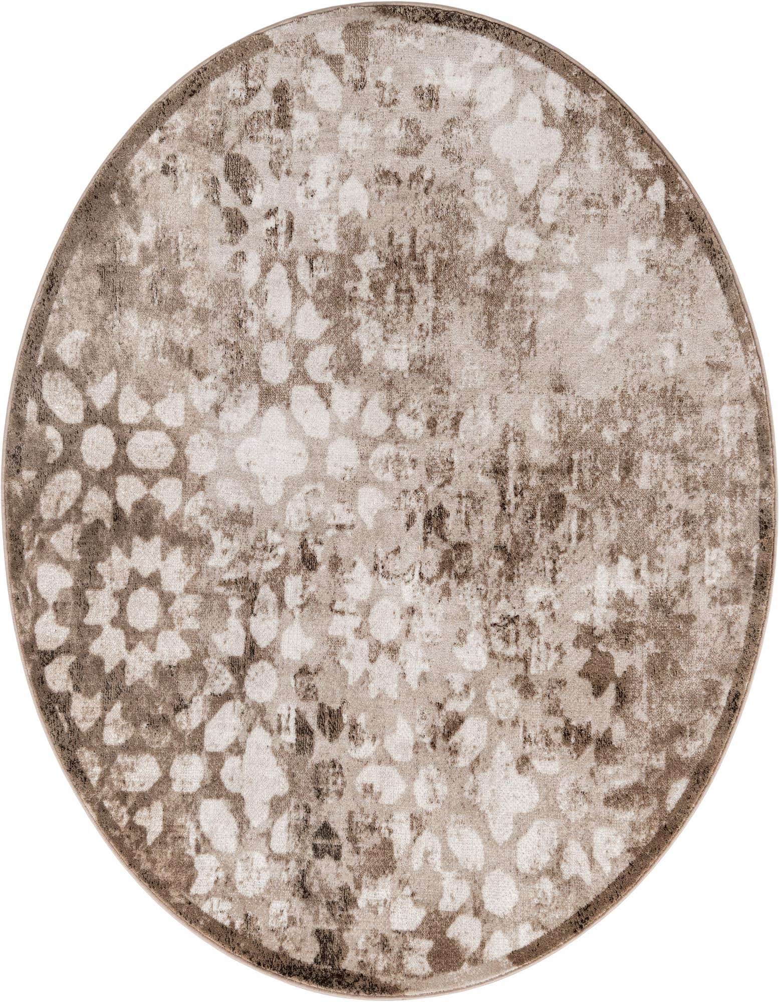 A 7' round brown and tan bohemian rug with a distressed floral pattern, suitable for various indoor rooms.