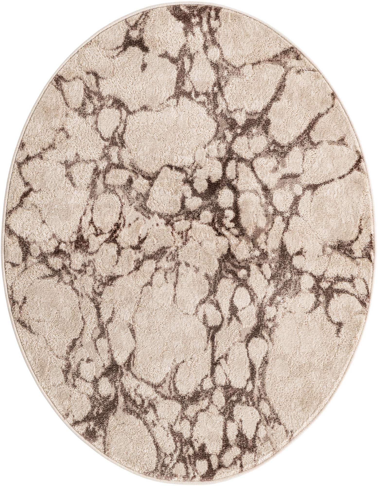 A 4' 0 x 4' 0 round rug with a modern abstract pattern in varying shades of brown and tan, featuring a textured pile.