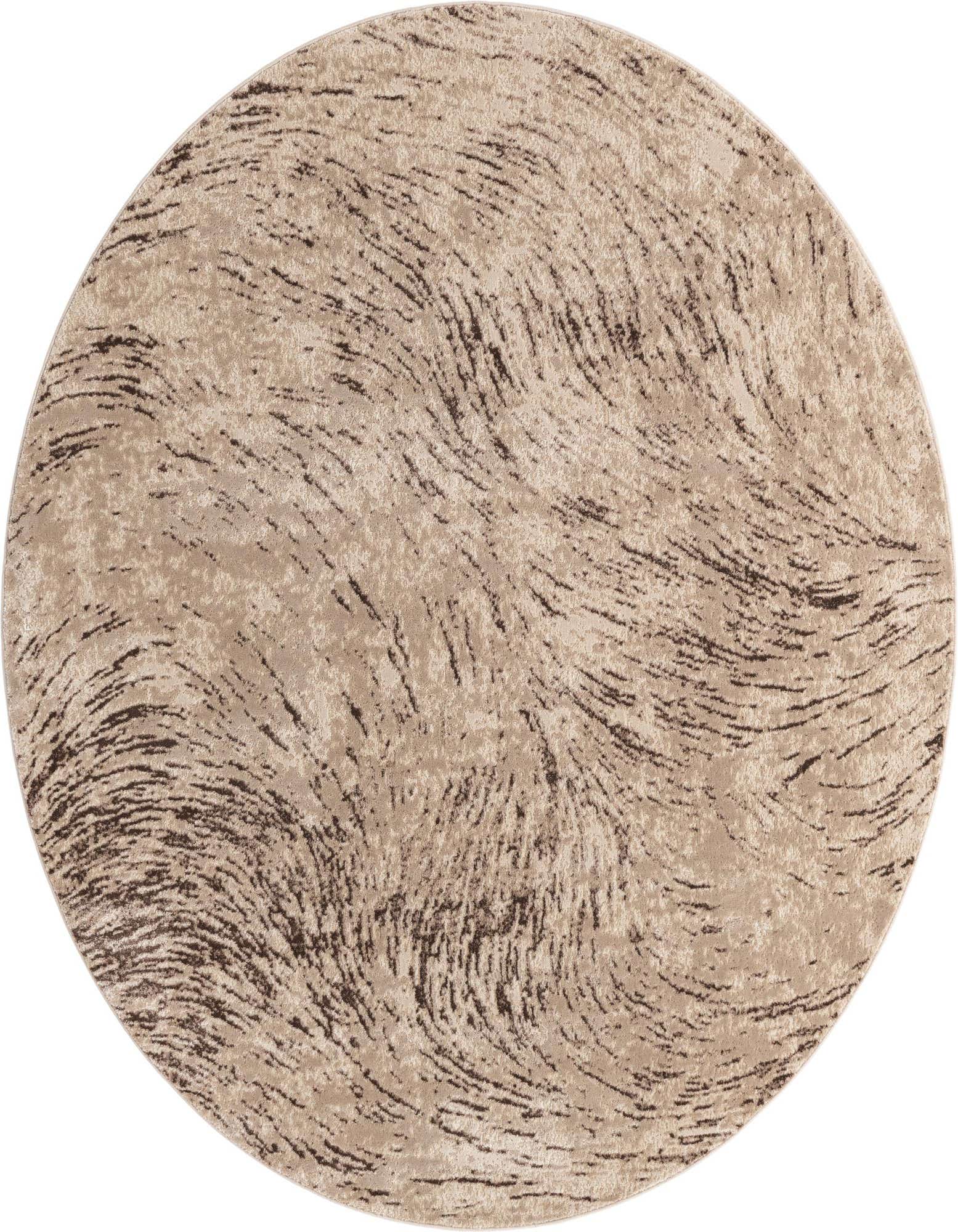 A 7' round brown and tan rug with a textured, swirling modern pattern, ideal for a living room.