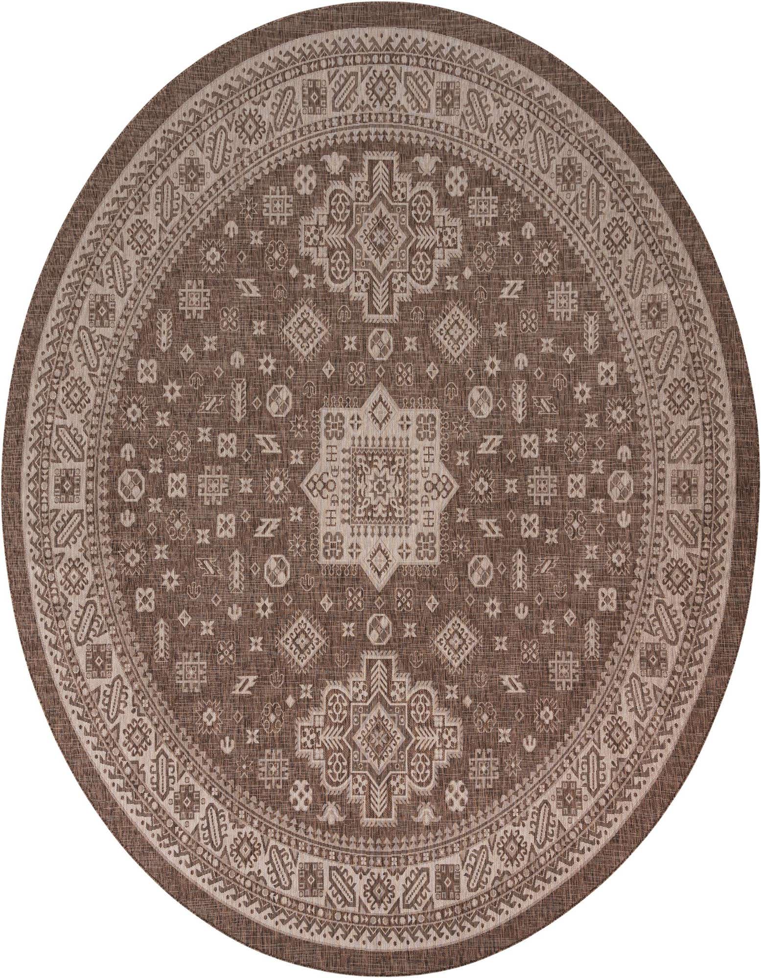 A 13' round brown and tan Southwestern tribal rug with a detailed medallion and border pattern.
