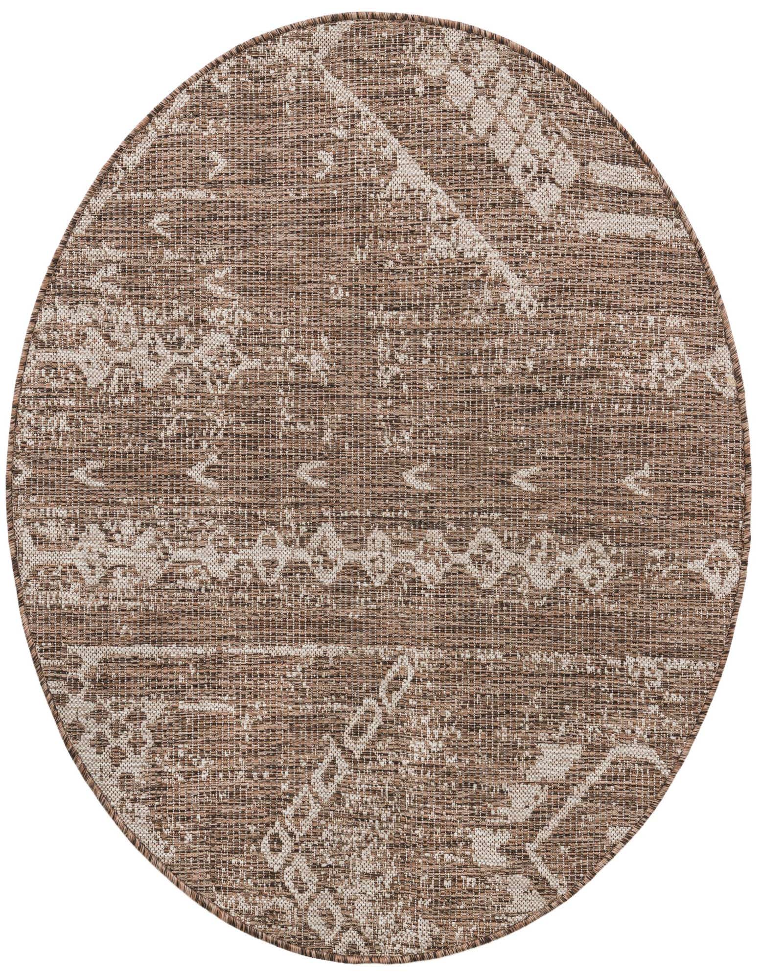 A 4' round brown and tan modern abstract rug with a textured flatweave, suitable for indoor or outdoor use.