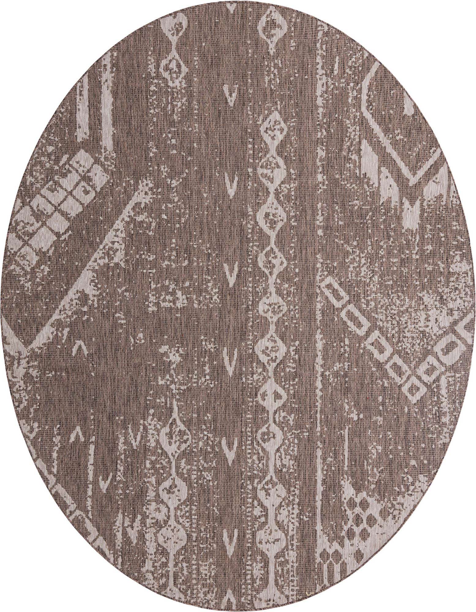 A 10' 8 round brown and tan modern area rug with a distressed geometric pattern, suitable for indoor or outdoor use.