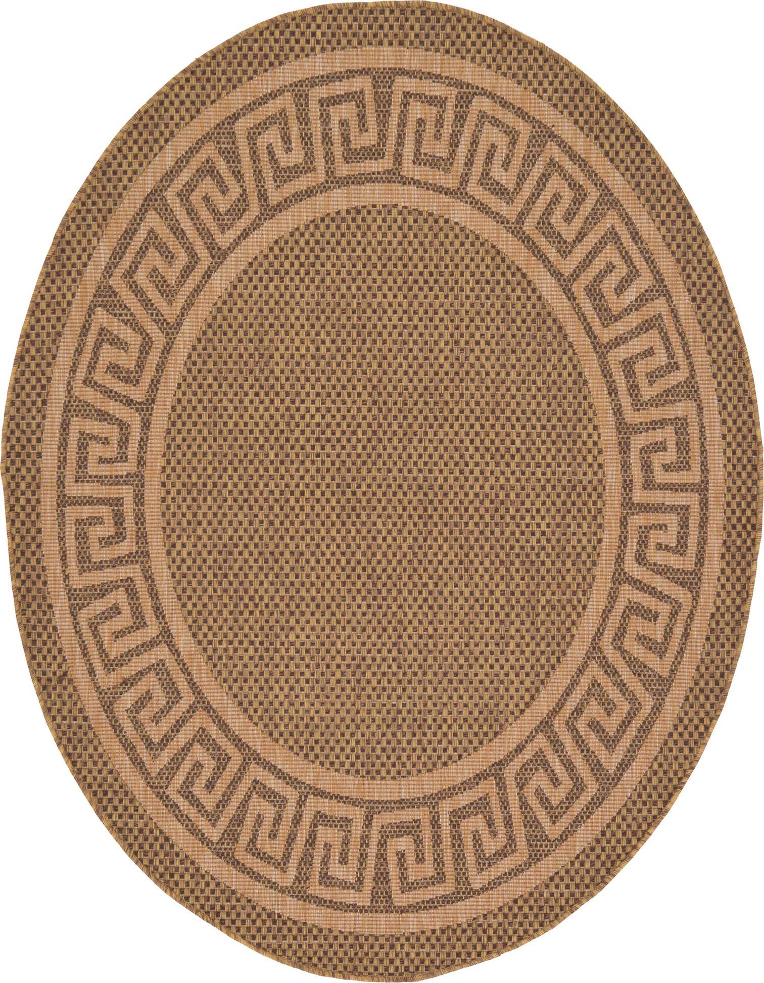 A round 6' brown indoor/outdoor rug with a Greek key border pattern, suitable for a patio.