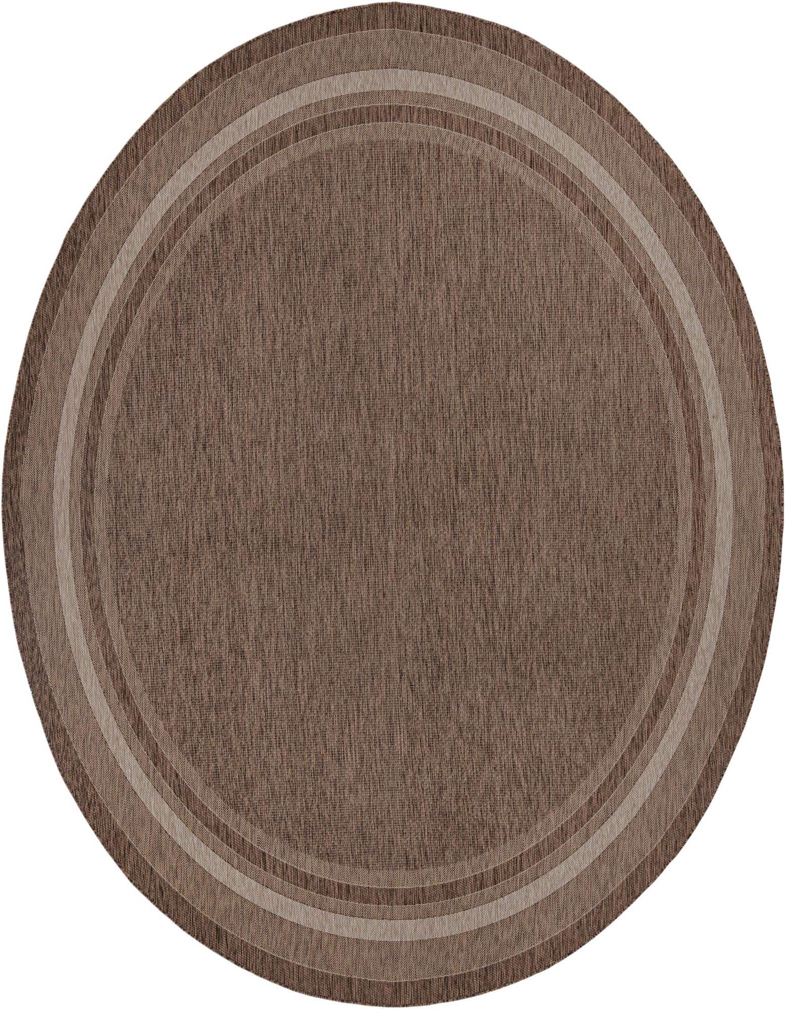 A 13' round brown polypropylene rug with a subtle tan border, suitable for indoor or outdoor use.