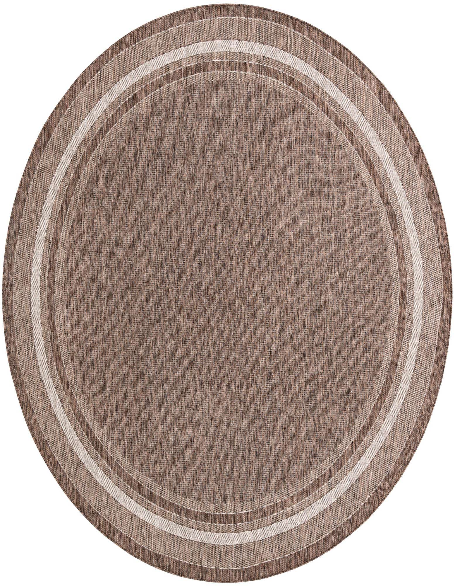 A 10' round brown and tan outdoor rug with a modern solid pattern and concentric border stripes.