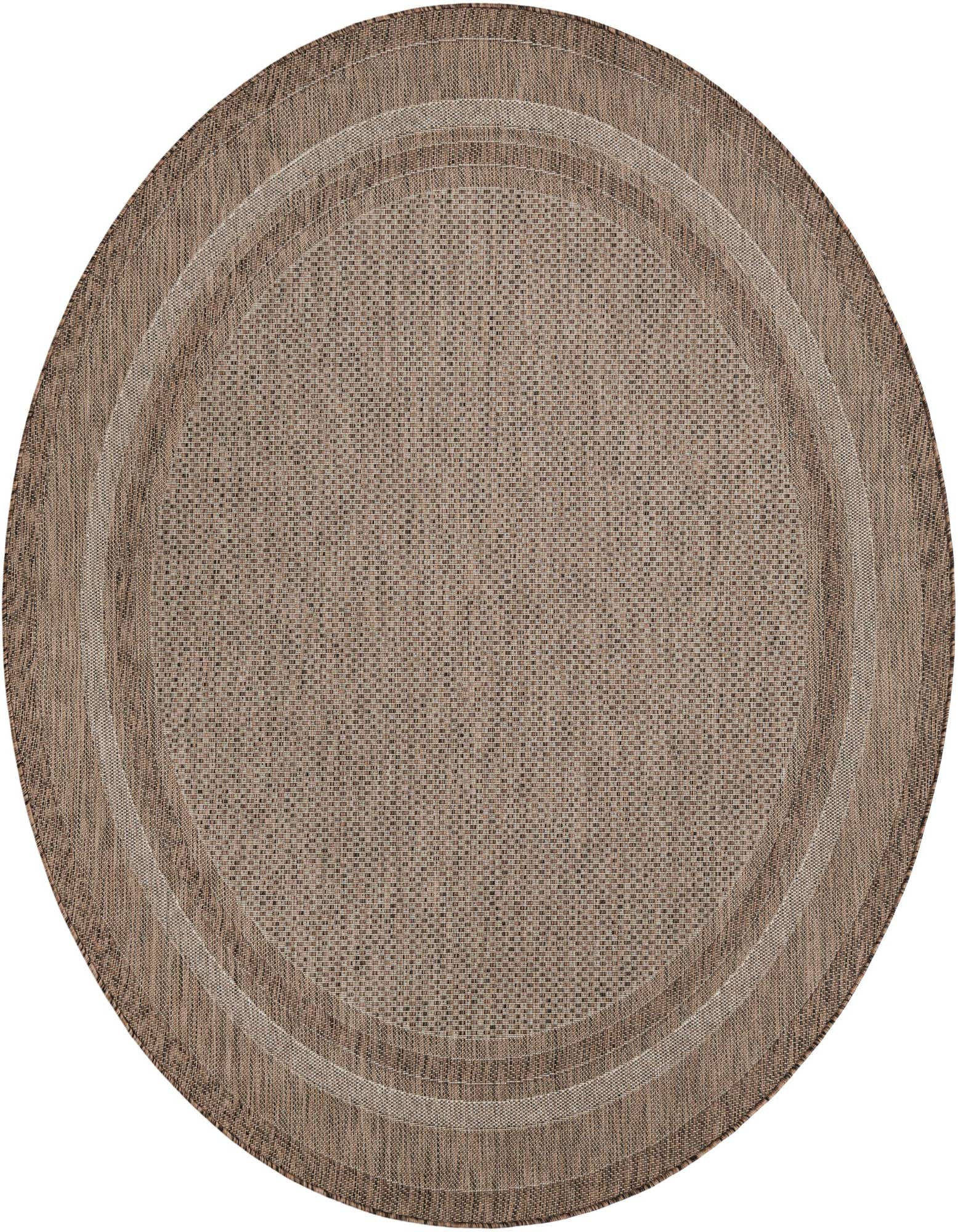 A 7' 10 round brown polypropylene rug with a subtle textured weave and concentric border, suitable for indoor or outdoor use.